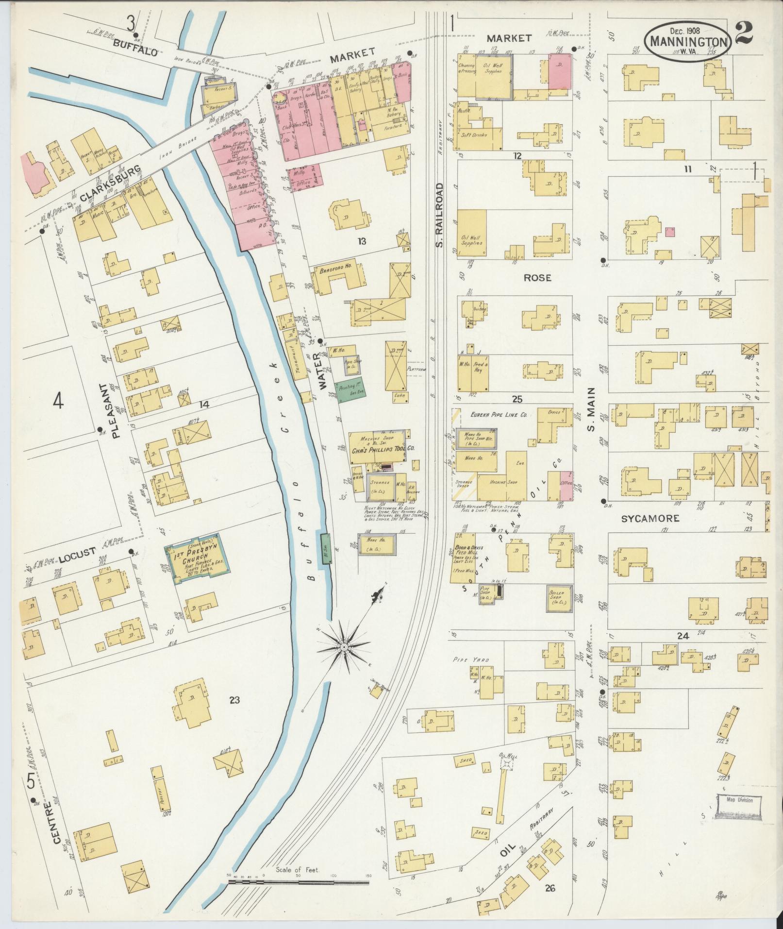 Sanborn Fire Insurance Map from Mannington, Marion County, West Virginia (1908), Sheet #0002 - Historic Sanborn Fire Insurance Map Print, vintage old map wall art, antique decor, genealogy gift, West Virginia West Virginia map