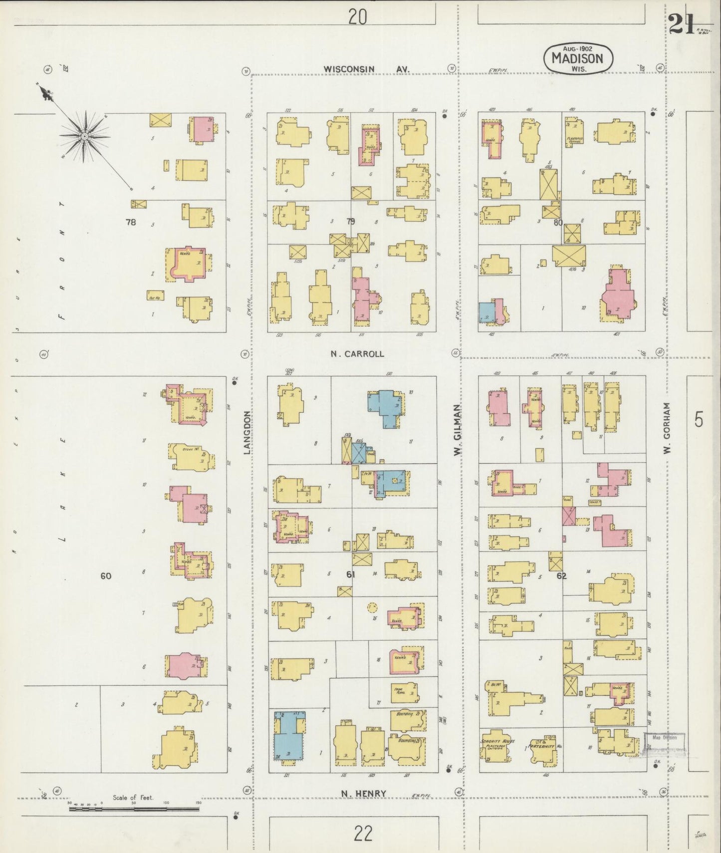 Sanborn Fire Insurance Map from Madison, Dane County, Wisconsin (1902), Sheet #0021 - Historic Sanborn Fire Insurance Map Print, vintage old map wall art, antique decor, genealogy gift, Wisconsin Wisconsin map