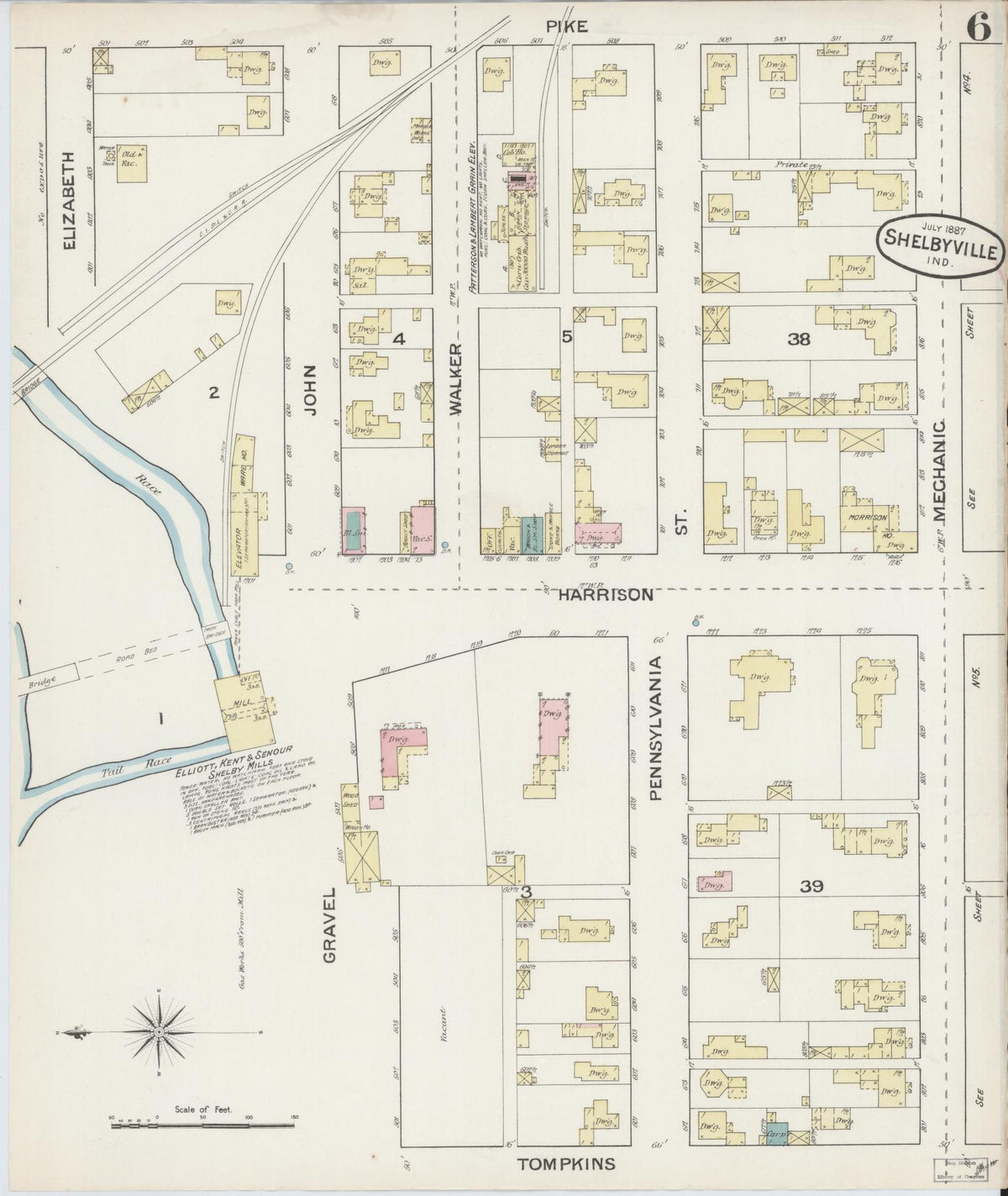 Sanborn Fire Insurance Map from Shelbyville, Shelby County, Indiana (1887), Sheet #0006 - Historic Sanborn Fire Insurance Map Print, vintage old map wall art, antique decor, genealogy gift, Indiana Indiana map