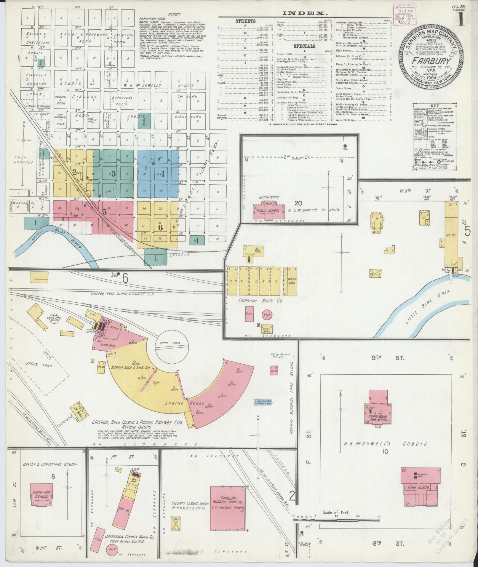 Sanborn Fire Insurance Map from Fairbury, Jefferson County, Nebraska (1904), Sheet #0001 - Historic Sanborn Fire Insurance Map Print, vintage old map wall art, antique decor, genealogy gift, Nebraska Nebraska map