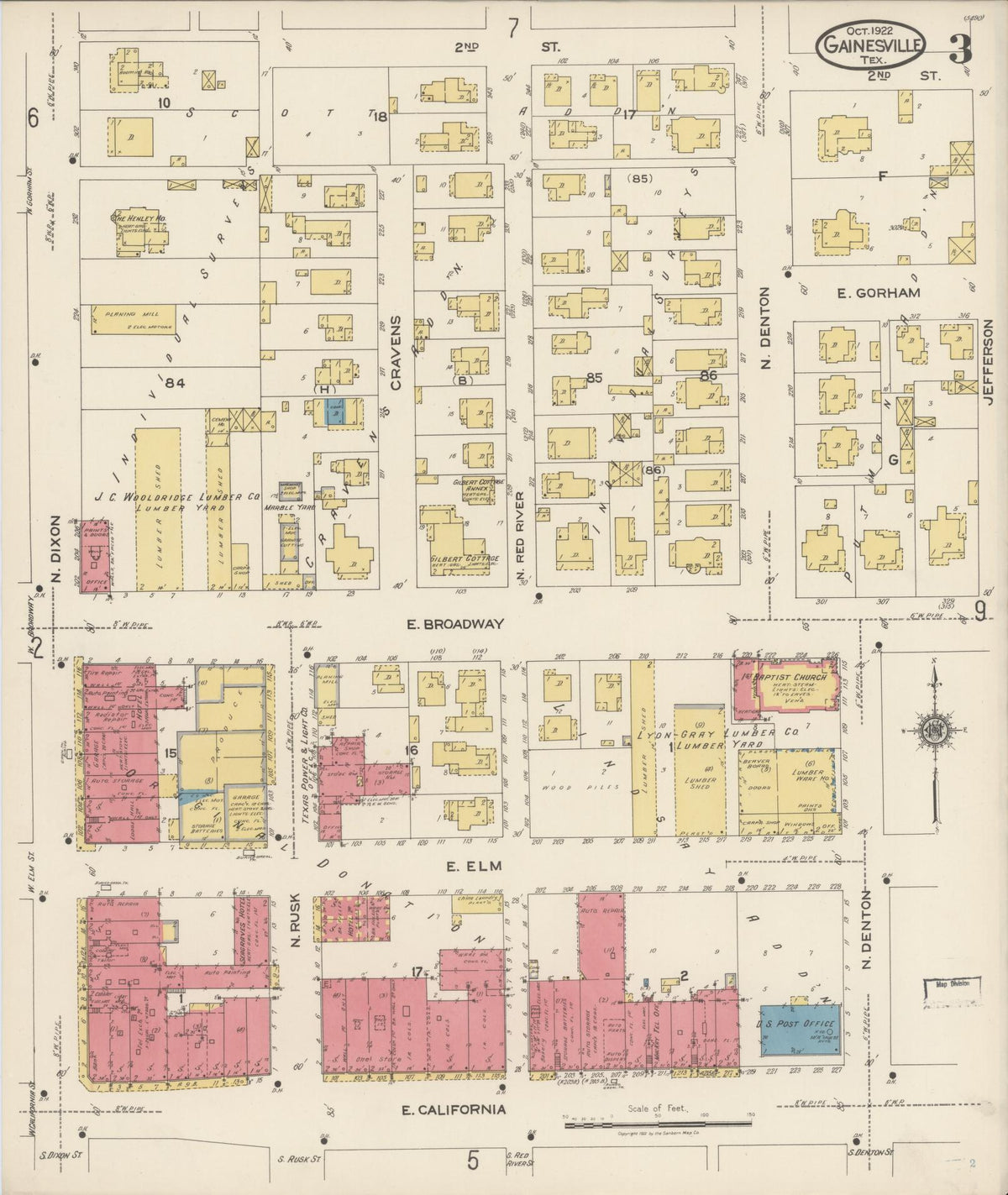 Sanborn Fire Insurance Map from Gainesville, Cooke County, Texas (1922), Sheet #0003 - Complete Map Set gallery image, historic Sanborn map, vintage wall art, Texas Texas