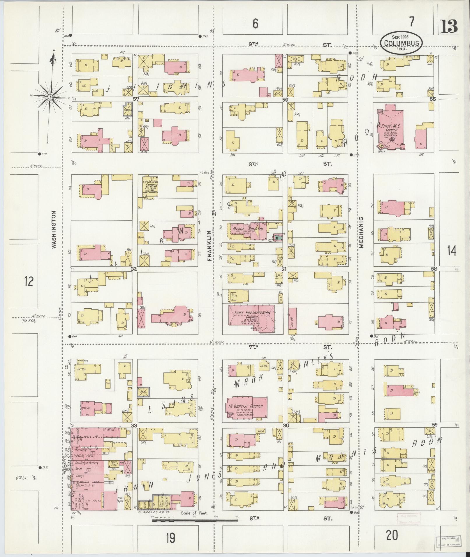 Sanborn Fire Insurance Map from Columbus, Bartholomew County, Indiana (1906), Sheet #0013 - Complete Map Set gallery image, historic Sanborn map, vintage wall art, Indiana Indiana