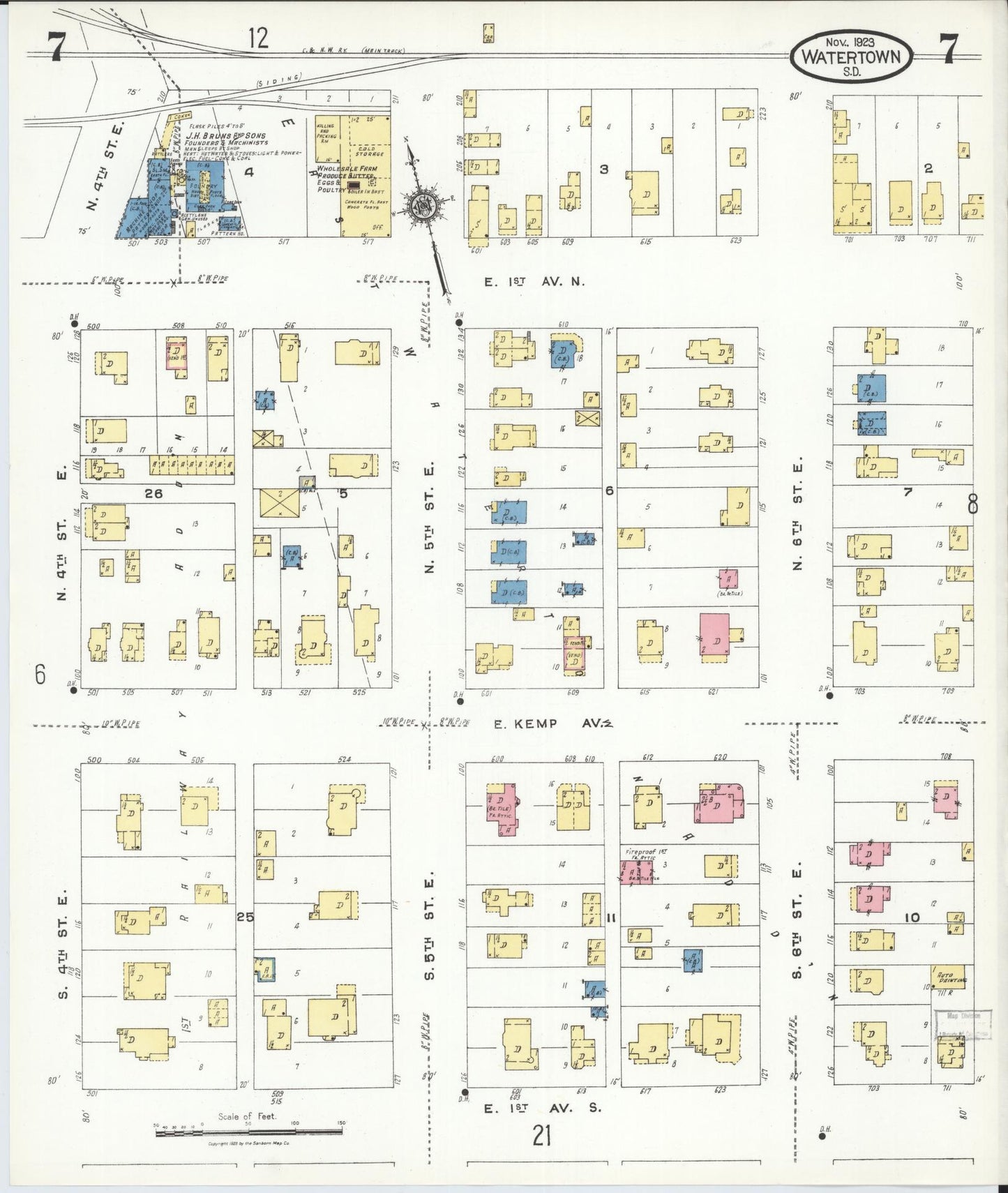 Sanborn Fire Insurance Map from Watertown, Codington County, South Dakota (1923), Sheet #0007 - Historic Sanborn Fire Insurance Map Print, vintage old map wall art, antique decor, genealogy gift, South Dakota South Dakota map