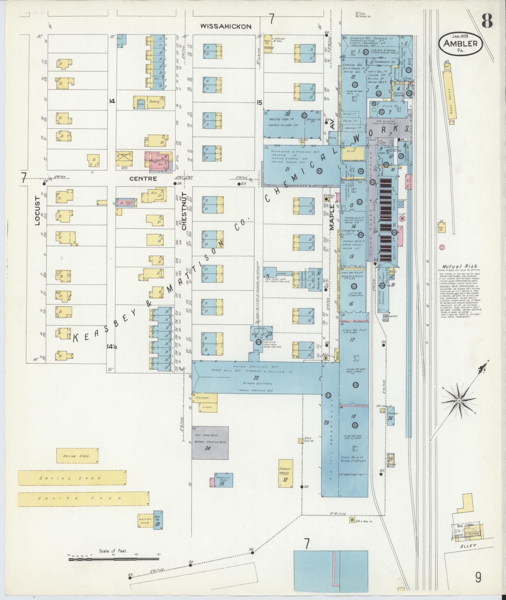 Sanborn Fire Insurance Map from Ambler, Montgomery County, Pennsylvania (1909), Sheet #0008 - Historic Sanborn Fire Insurance Map Print, vintage old map wall art, antique decor, genealogy gift, Pennsylvania Pennsylvania map
