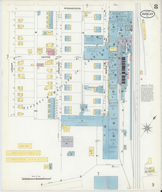 Sanborn Fire Insurance Map from Ambler, Montgomery County, Pennsylvania (1909), Sheet #0008 - Historic Sanborn Fire Insurance Map Print, vintage old map wall art, antique decor, genealogy gift, Pennsylvania Pennsylvania map