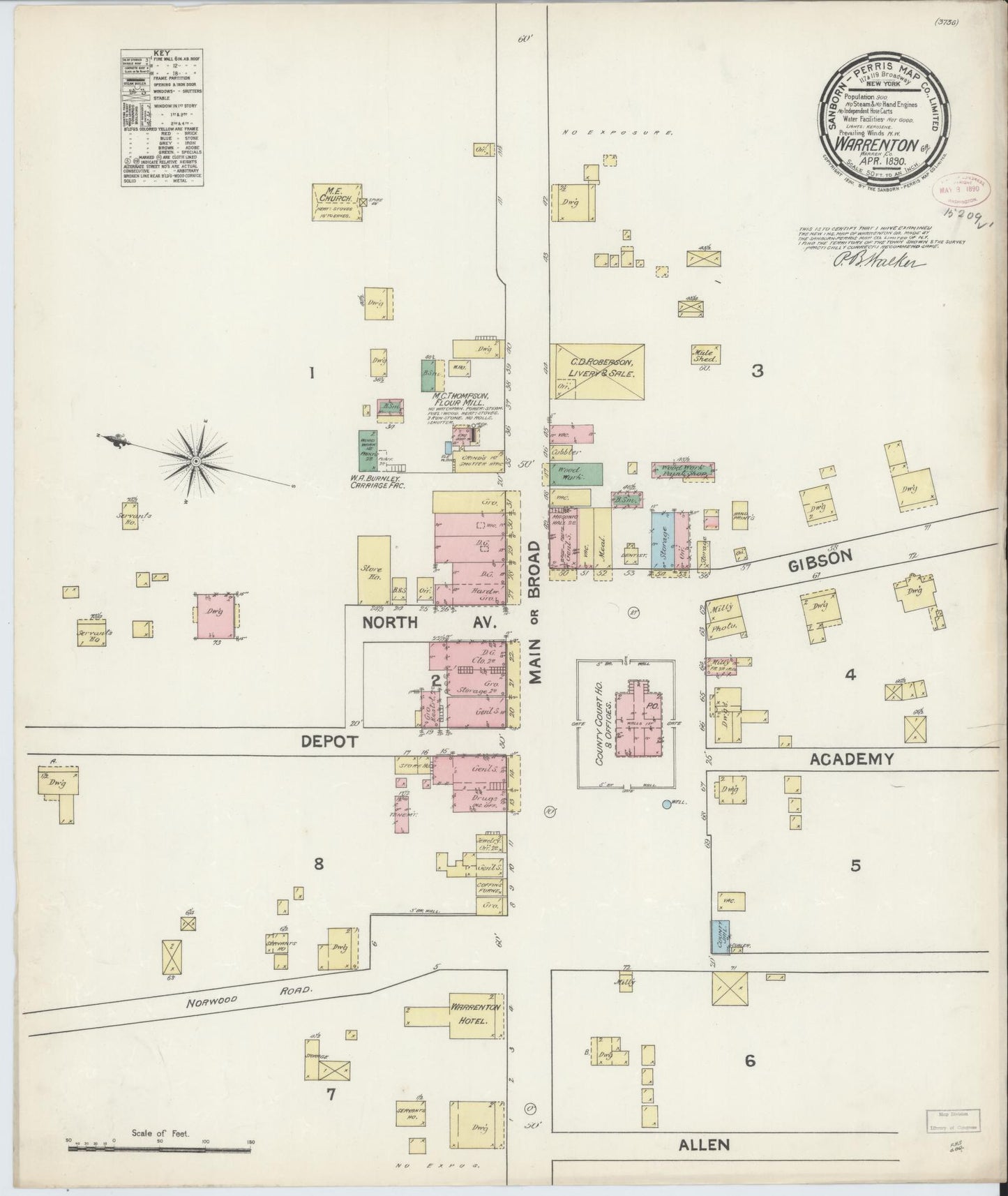 Sanborn Fire Insurance Map from Warrenton, Warren County, Georgia (1890), Sheet #0001 - Historic Sanborn Fire Insurance Map Print, vintage old map wall art, antique decor, genealogy gift, Georgia Georgia map