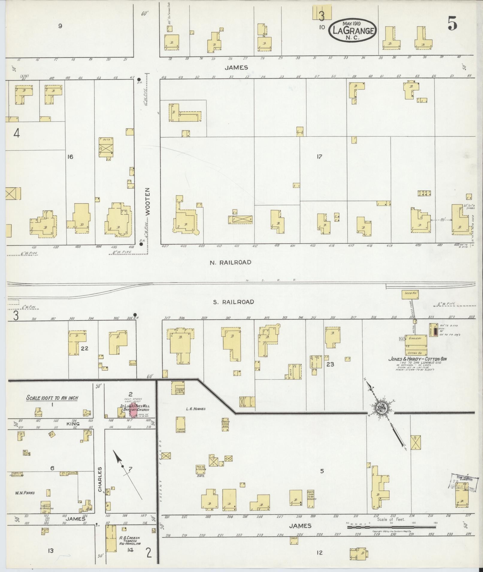 Sanborn Fire Insurance Map from La Grange, Lenoir County, North Carolina (1919), Sheet #0005 - Complete Map Set gallery image, historic Sanborn map, vintage wall art, North Carolina North Carolina