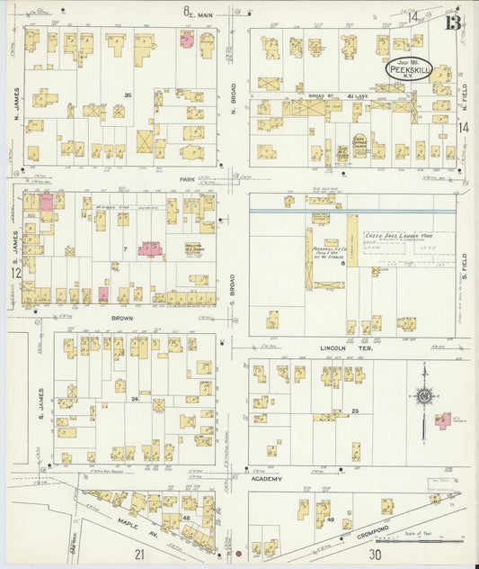 Sanborn Fire Insurance Map from Peekskill, Westchester County, New York (1911), Sheet #0013 - Historic Sanborn Fire Insurance Map Print, vintage old map wall art, antique decor, genealogy gift, New York New York map