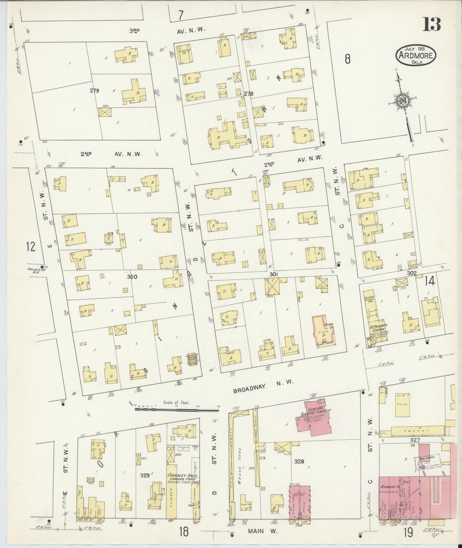 Sanborn Fire Insurance Map from Ardmore, Carter County, Oklahoma (1913), Sheet #0013 - Historic Sanborn Fire Insurance Map Print, vintage old map wall art, antique decor, genealogy gift, Oklahoma Oklahoma map