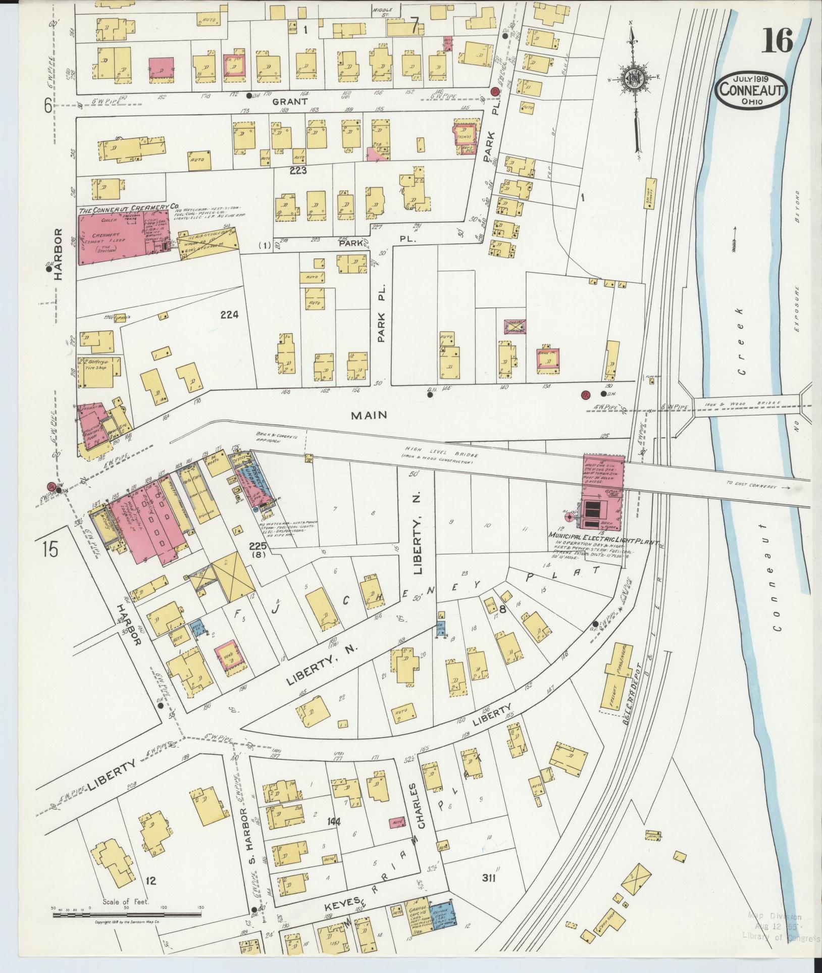 Sanborn Fire Insurance Map from Conneaut, Ashtabula County, Ohio (1919), Sheet #0016 - Historic Sanborn Fire Insurance Map Print, vintage old map wall art, antique decor, genealogy gift, Ohio Ohio map