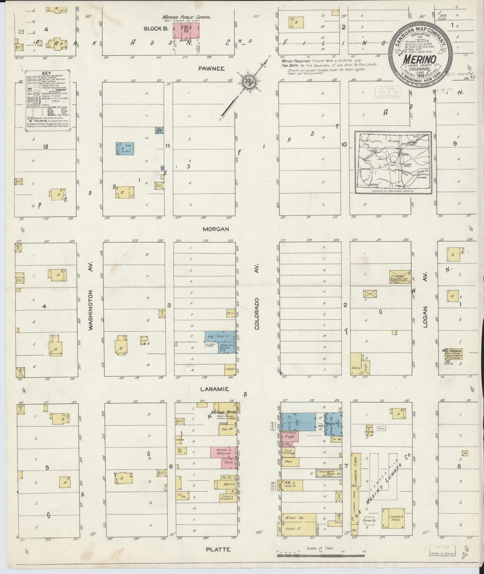 Sanborn Fire Insurance Map from Merino, Logan County, Colorado (1913), Sheet #0001 - Historic Sanborn Fire Insurance Map Print, vintage old map wall art, antique decor, genealogy gift, Colorado Colorado map