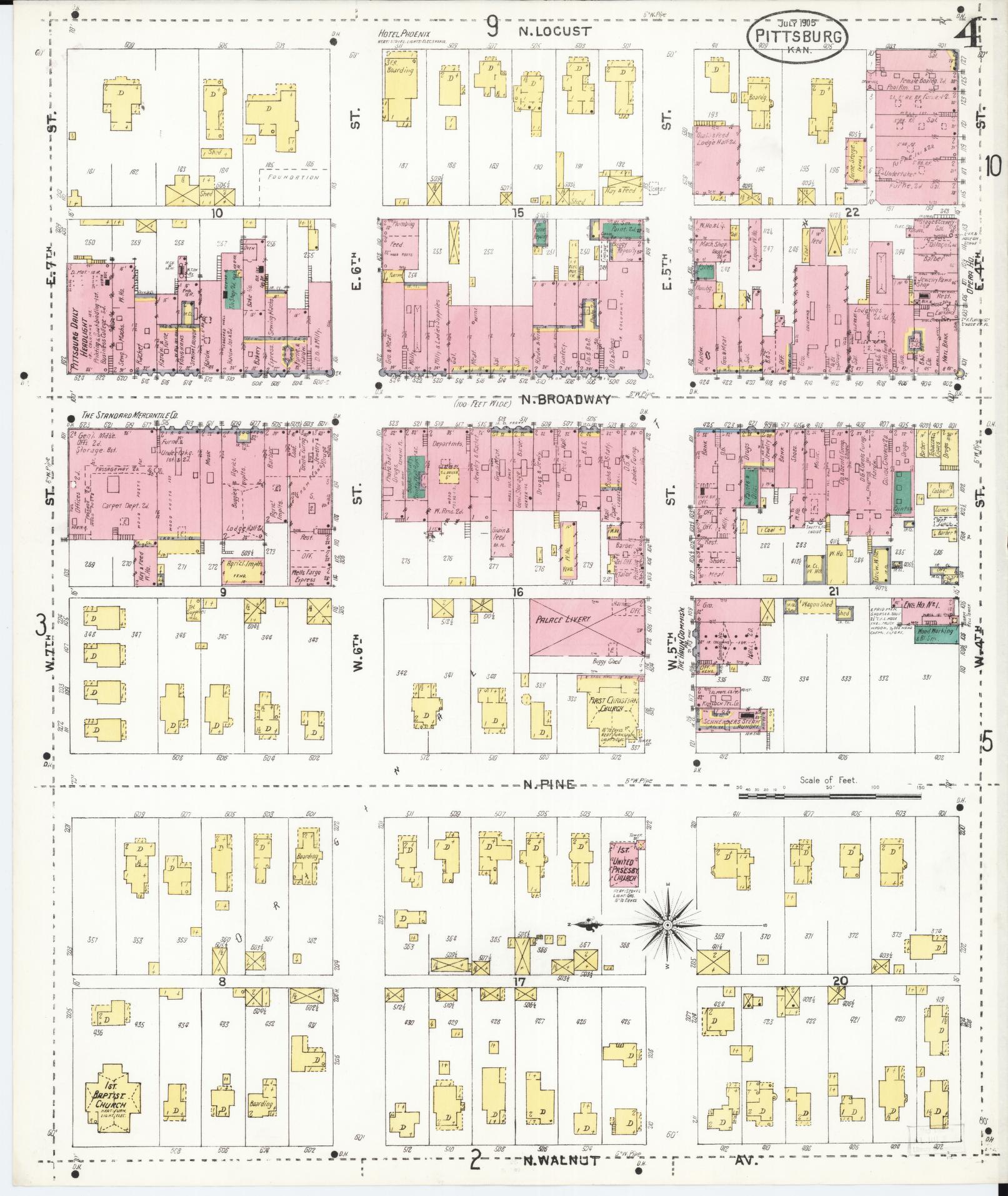 Sanborn Fire Insurance Map from Pittsburg, Crawford County, Kansas (1905), Sheet #0004 - Historic Sanborn Fire Insurance Map Print, vintage old map wall art, antique decor, genealogy gift, Kansas Kansas map