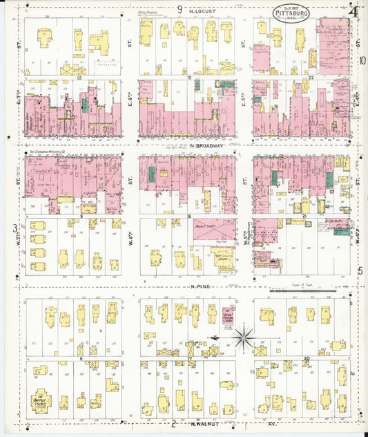 Sanborn Fire Insurance Map from Pittsburg, Crawford County, Kansas (1905), Sheet #0004 - Historic Sanborn Fire Insurance Map Print, vintage old map wall art, antique decor, genealogy gift, Kansas Kansas map