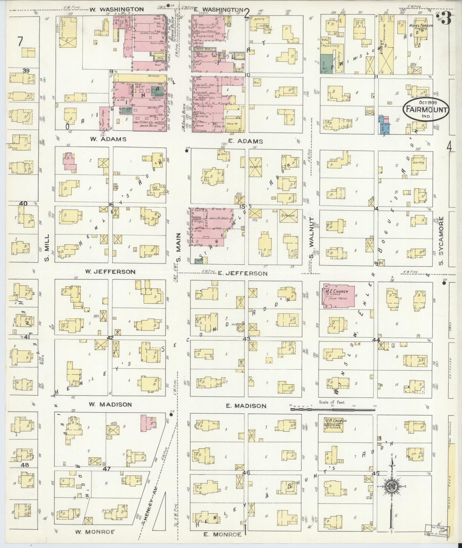Sanborn Fire Insurance Map from Fairmount, Grant County, Indiana (1909), Sheet #0003 - Historic Sanborn Fire Insurance Map Print, vintage old map wall art, antique decor, genealogy gift, Indiana Indiana map