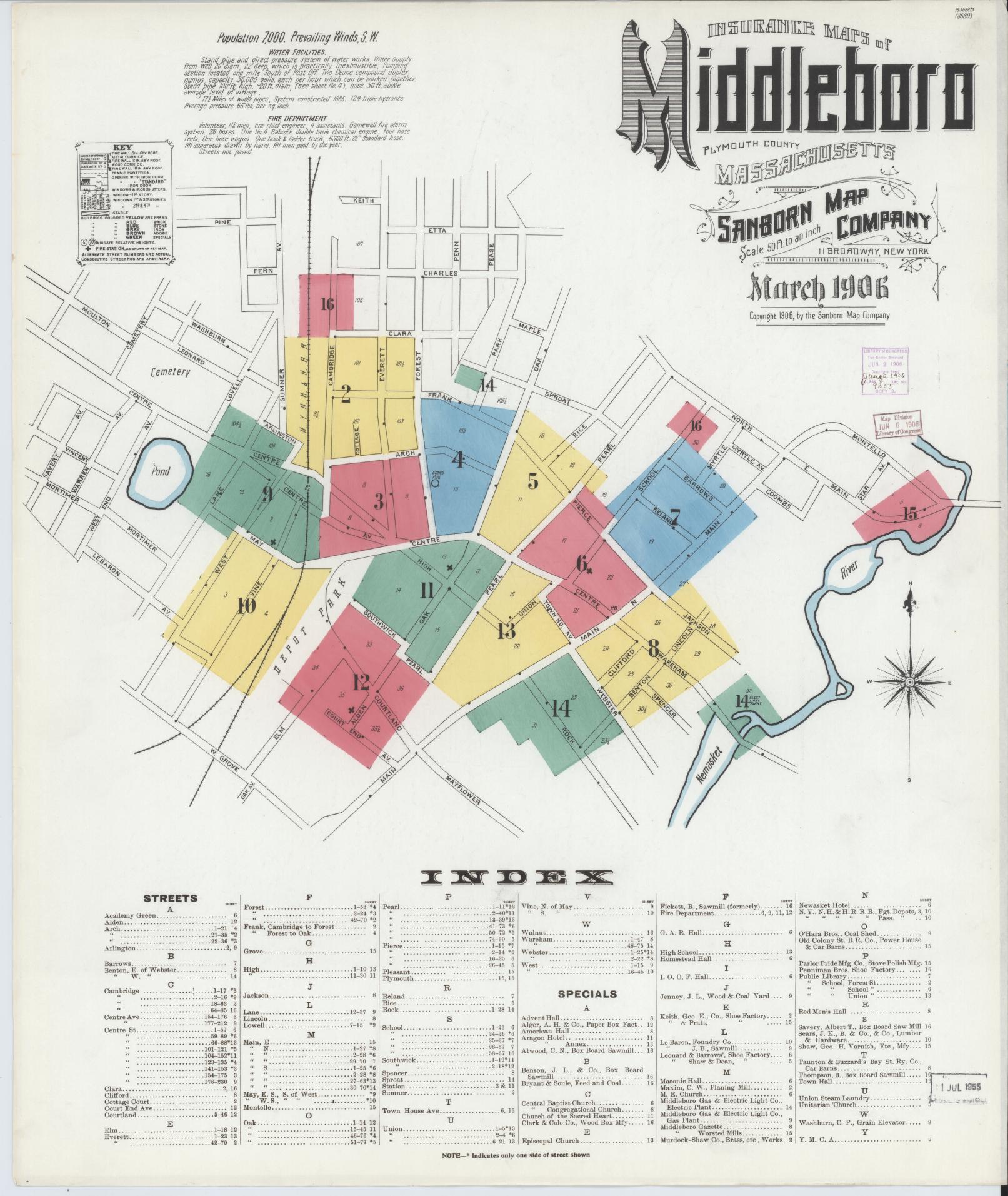 Sanborn Fire Insurance Map from Middleboro, Plymouth County, Massachusetts (1906), Sheet #0001 - Historic Sanborn Fire Insurance Map Print, vintage old map wall art, antique decor, genealogy gift, Massachusetts Massachusetts map