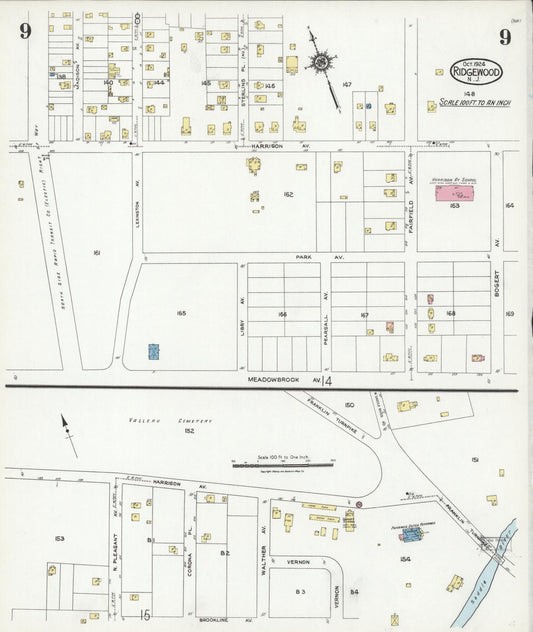 Sanborn Fire Insurance Map from Ridgewood, Bergen County, New Jersey (1924), Sheet #0009 - Historic Sanborn Fire Insurance Map Print, vintage old map wall art, antique decor, genealogy gift, New Jersey New Jersey map