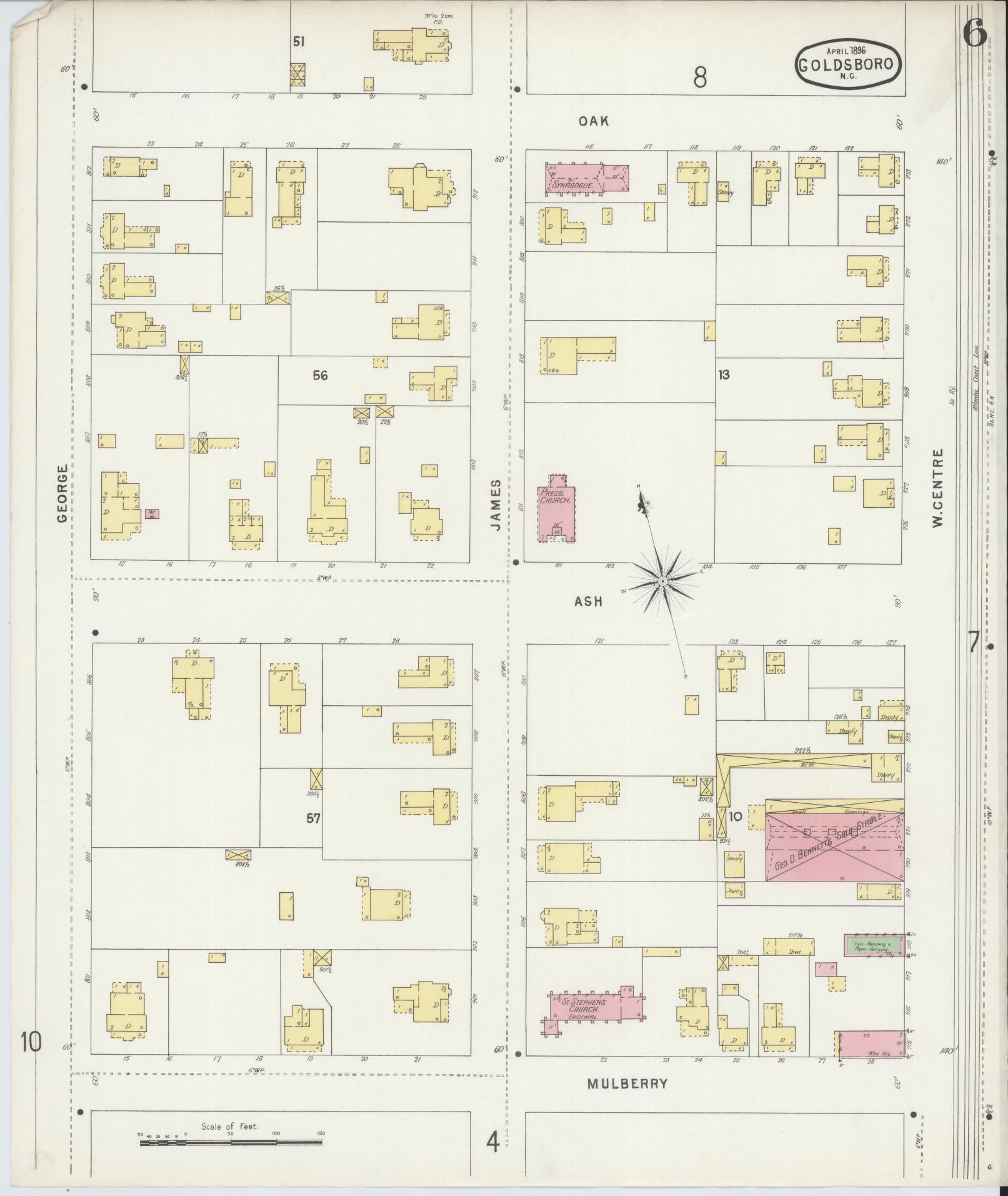 Sanborn Fire Insurance Map from Goldsboro, Wayne County, North Carolina (1896), Sheet #0006 - Historic Sanborn Fire Insurance Map Print, vintage old map wall art, antique decor, genealogy gift, North Carolina North Carolina map