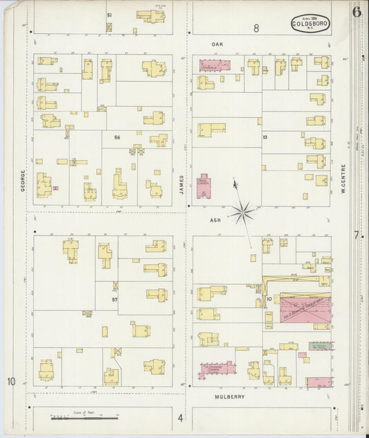 Sanborn Fire Insurance Map from Goldsboro, Wayne County, North Carolina (1896), Sheet #0006 - Historic Sanborn Fire Insurance Map Print, vintage old map wall art, antique decor, genealogy gift, North Carolina North Carolina map