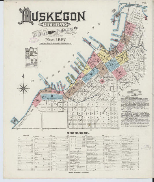Sanborn Fire Insurance Map from Muskegon, Muskegon County, Michigan (1887), Sheet #0001 - Historic Sanborn Fire Insurance Map Print, vintage old map wall art, antique decor, genealogy gift, Michigan Michigan map