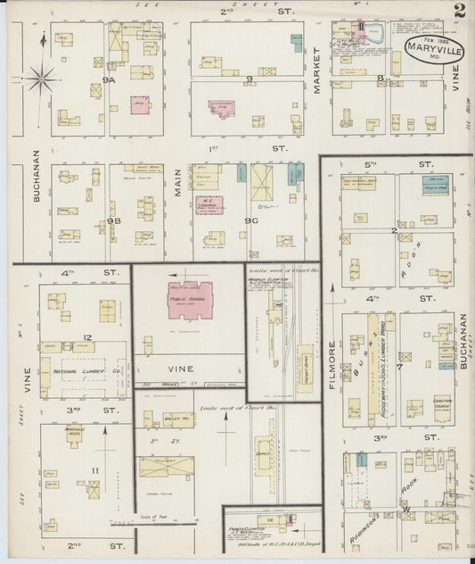 Sanborn Fire Insurance Map from Maryville, Nodaway County, Missouri (1886), Sheet #0002 - Historic Sanborn Fire Insurance Map Print, vintage old map wall art, antique decor, genealogy gift, Missouri Missouri map