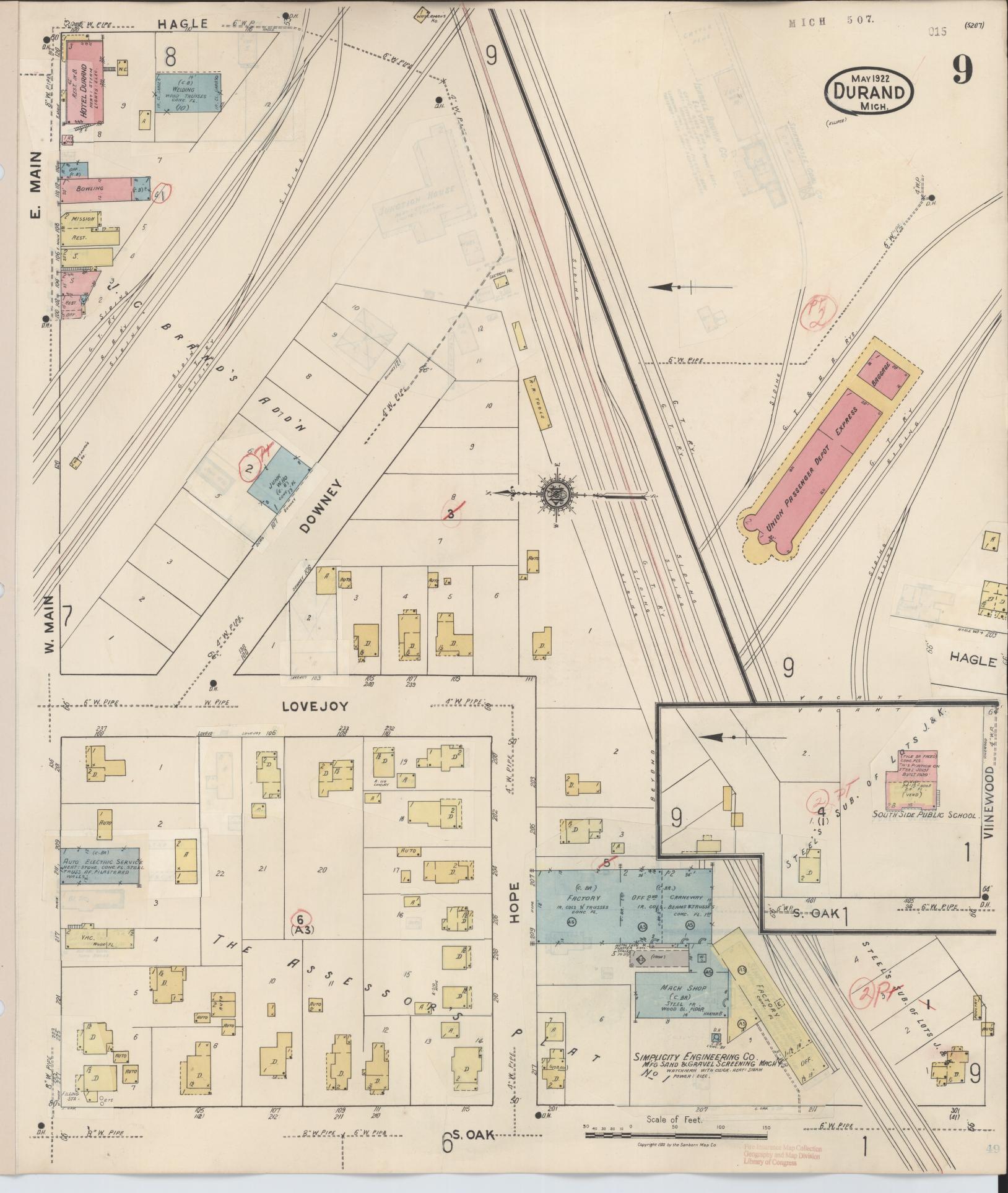 Sanborn Fire Insurance Map from Durand, Shiawassee County, Michigan (1944), Sheet #0009 - Complete Map Set gallery image, historic Sanborn map, vintage wall art, Michigan Michigan