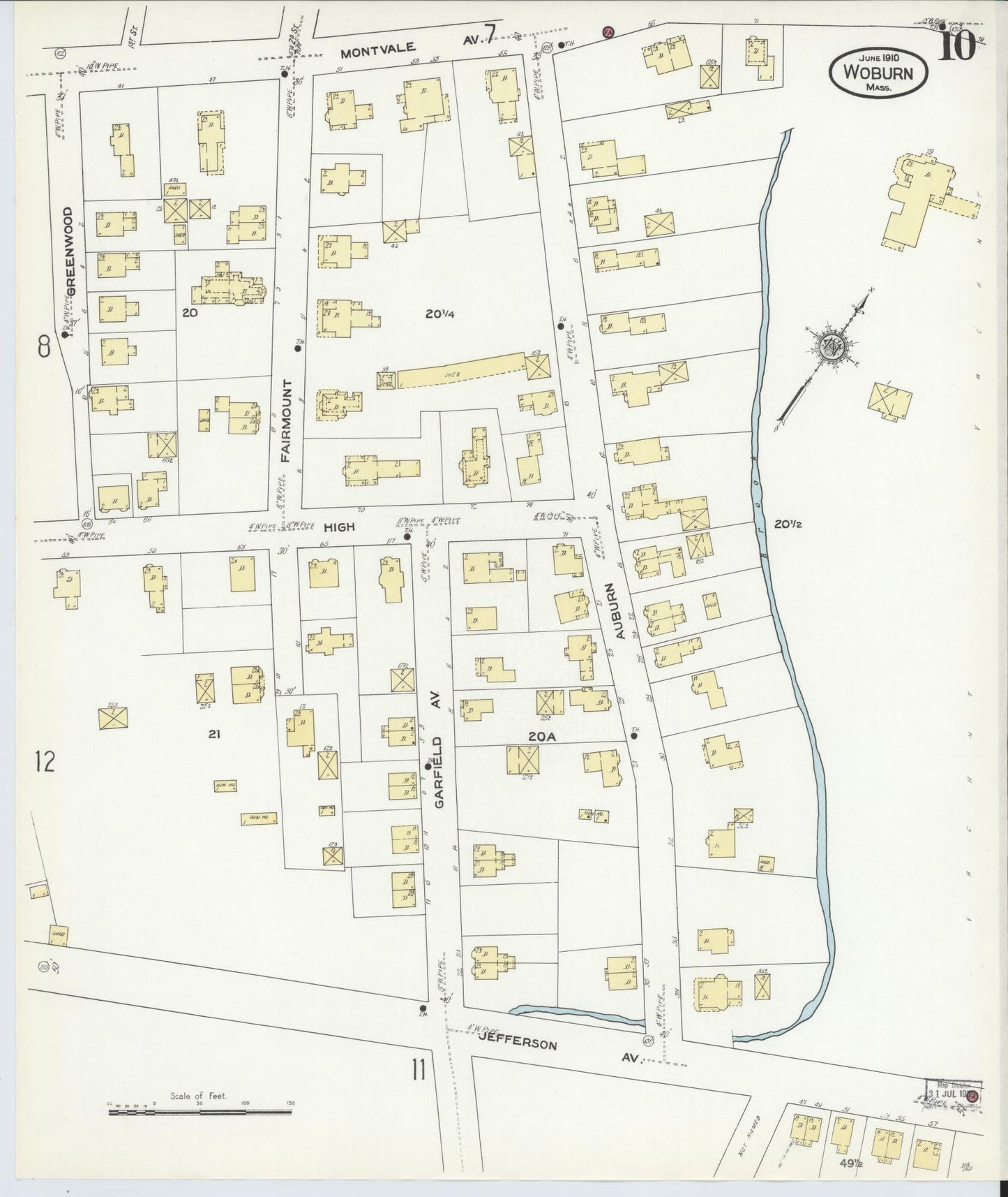 Sanborn Fire Insurance Map from Woburn, Middlesex County, Massachusetts (1910), Sheet #0010 - Historic Sanborn Fire Insurance Map Print, vintage old map wall art, antique decor, genealogy gift, Massachusetts Massachusetts map