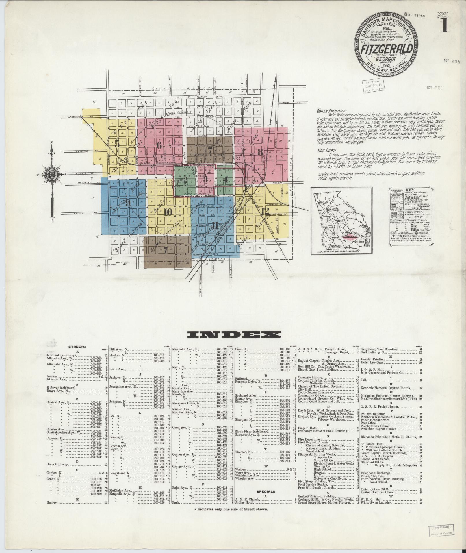 Sanborn Fire Insurance Map from Fitzgerald, Ben Hill County, Georgia (1921), Sheet #0001 - Complete Map Set gallery image, historic Sanborn map, vintage wall art, Georgia Georgia