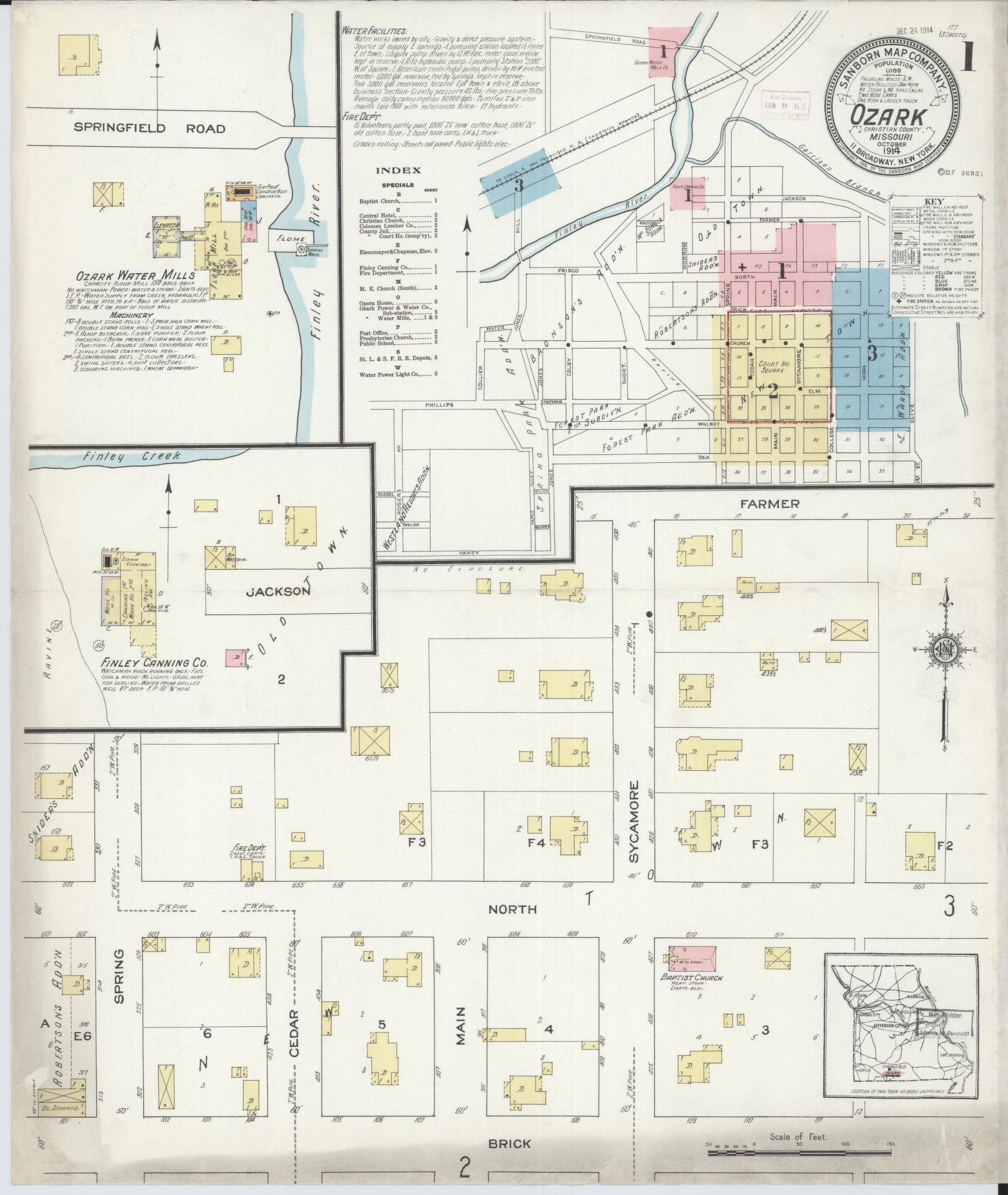 Sanborn Fire Insurance Map from Ozark, Christian County, Missouri (1914), Sheet #0001 - Historic Sanborn Fire Insurance Map Print, vintage old map wall art, antique decor, genealogy gift, Missouri Missouri map