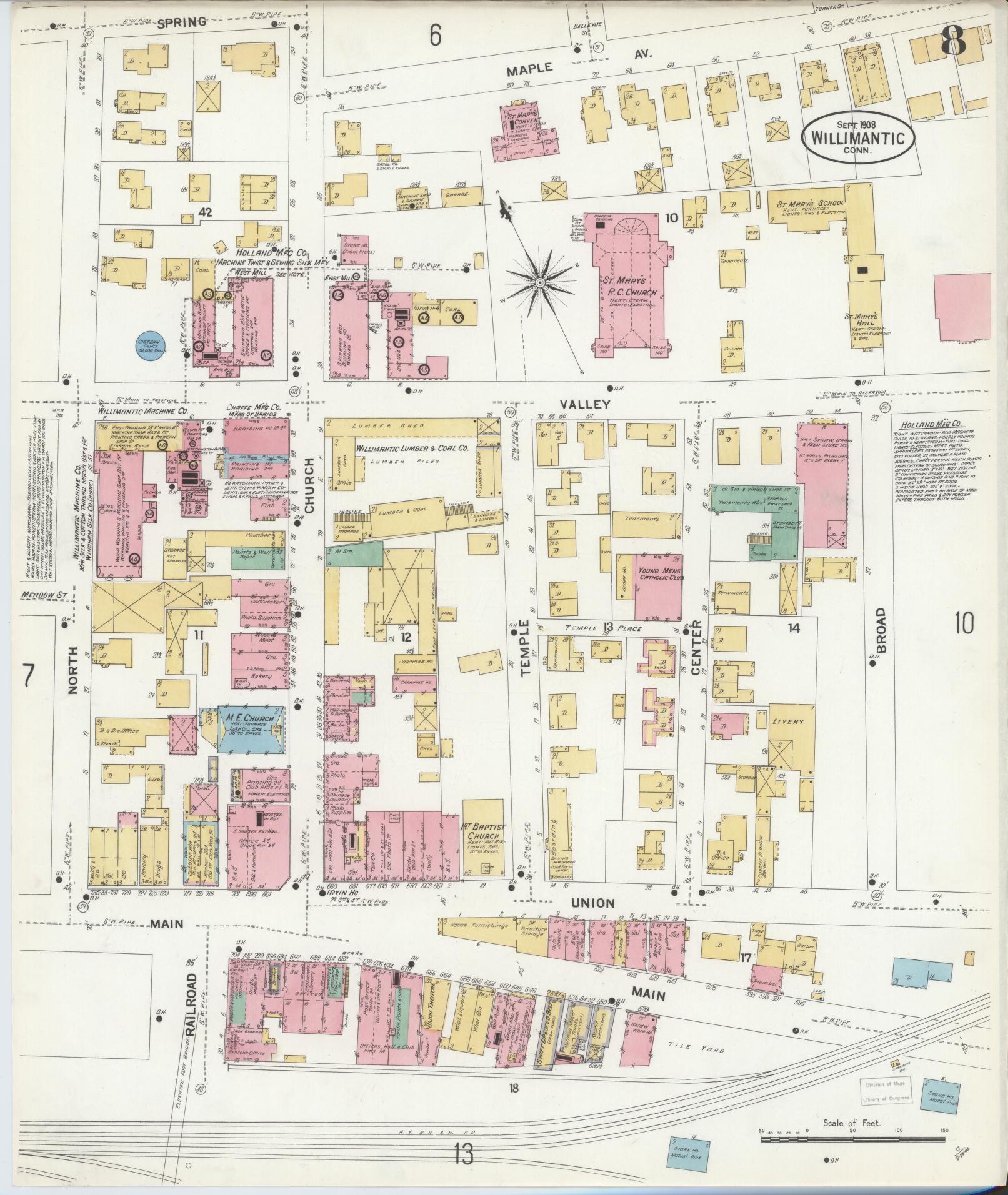 Sanborn Fire Insurance Map from Willimantic, Windham County, Connecticut (1908), Sheet #0008 - Historic Sanborn Fire Insurance Map Print, vintage old map wall art, antique decor, genealogy gift, Connecticut Connecticut map