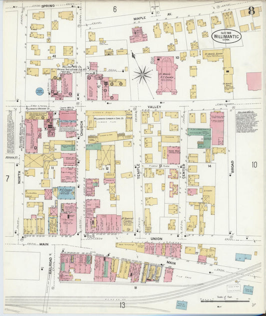 Sanborn Fire Insurance Map from Willimantic, Windham County, Connecticut (1908), Sheet #0008 - Historic Sanborn Fire Insurance Map Print, vintage old map wall art, antique decor, genealogy gift, Connecticut Connecticut map