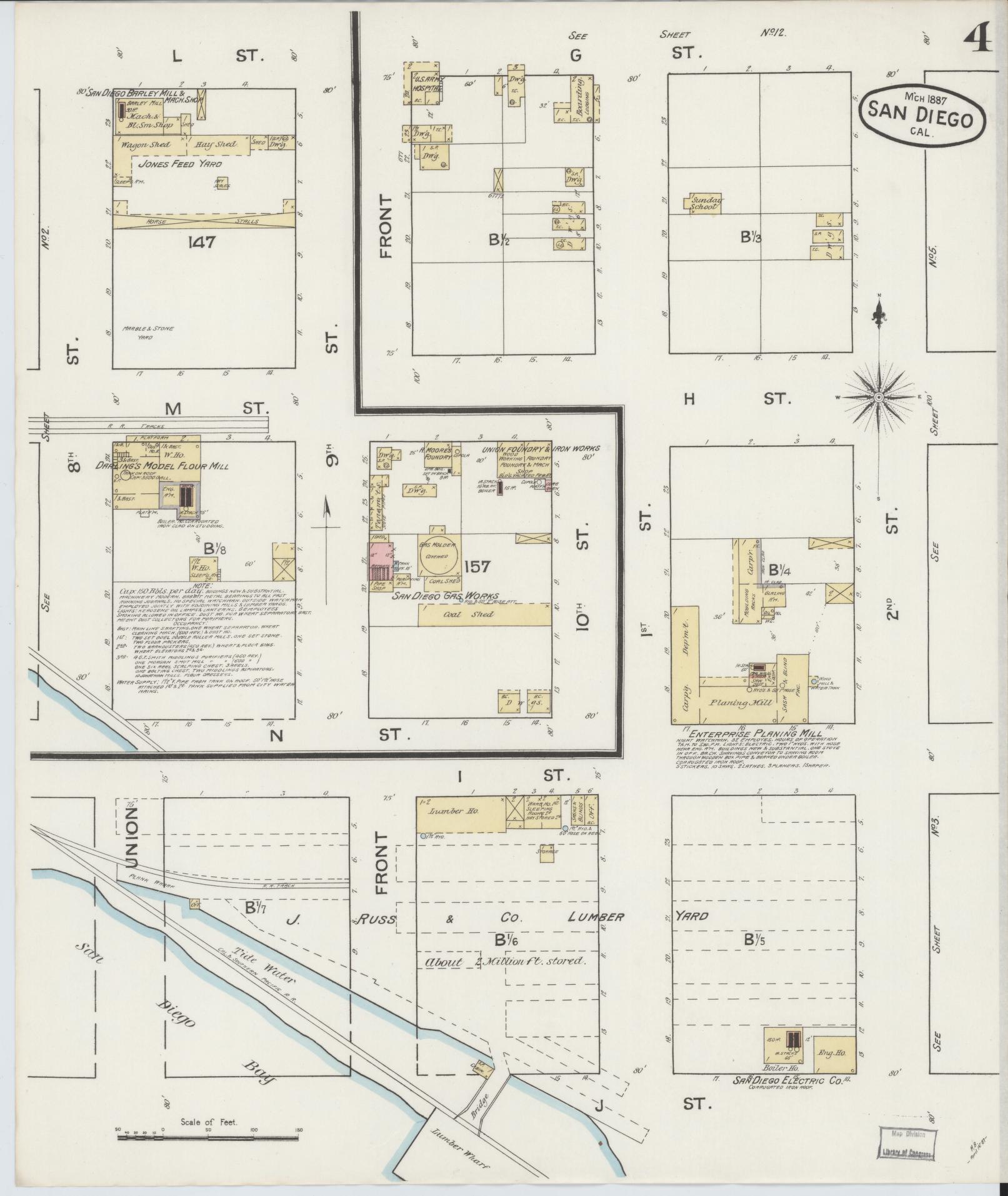 Sanborn Fire Insurance Map from San Diego, San Diego County, California (1887), Sheet #0004 - Complete Map Set gallery image, historic Sanborn map, vintage wall art, California California