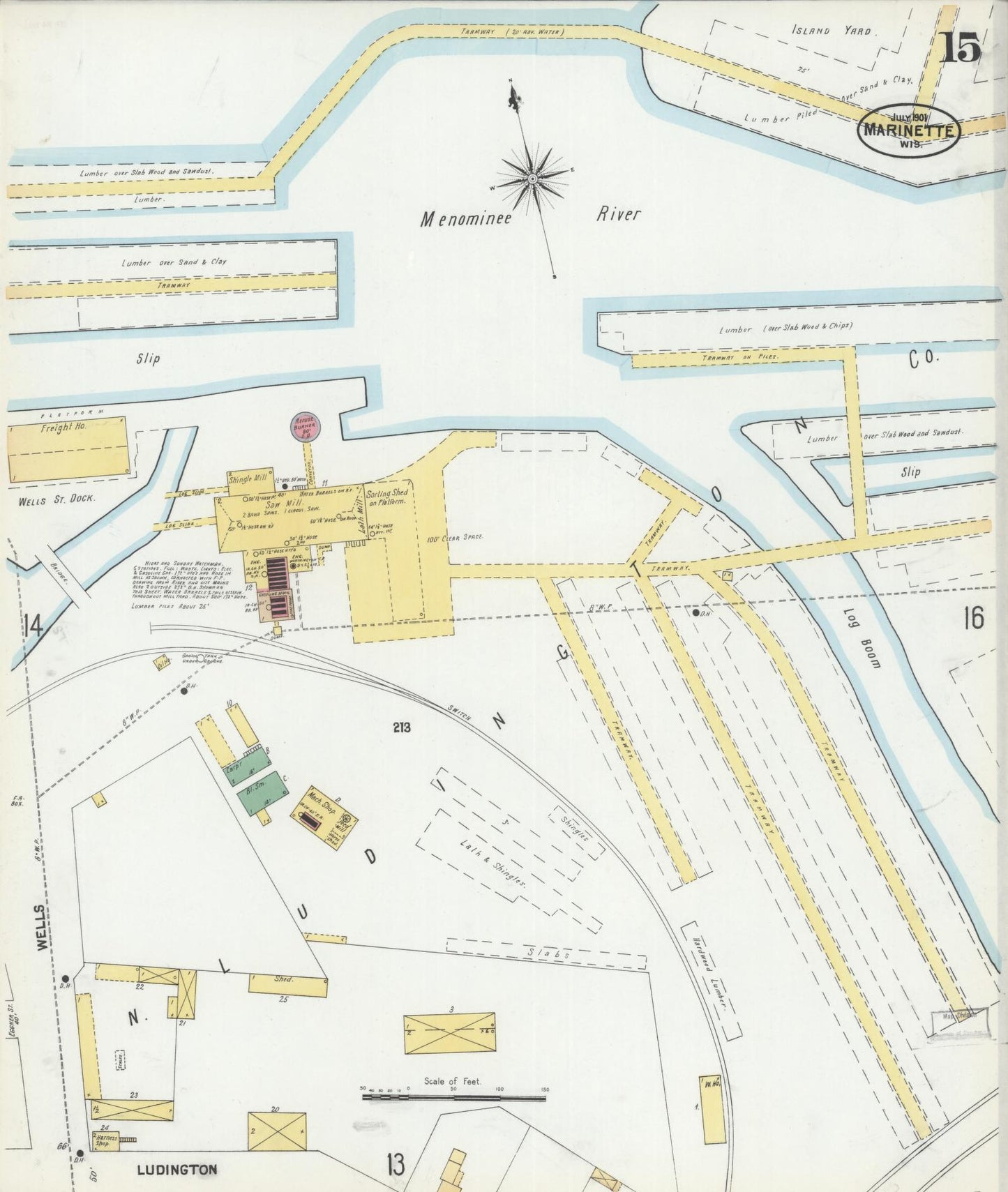 Sanborn Fire Insurance Map from Marinette, Marinette County, Wisconsin (1901), Sheet #0015 - Historic Sanborn Fire Insurance Map Print, vintage old map wall art, antique decor, genealogy gift, Wisconsin Wisconsin map
