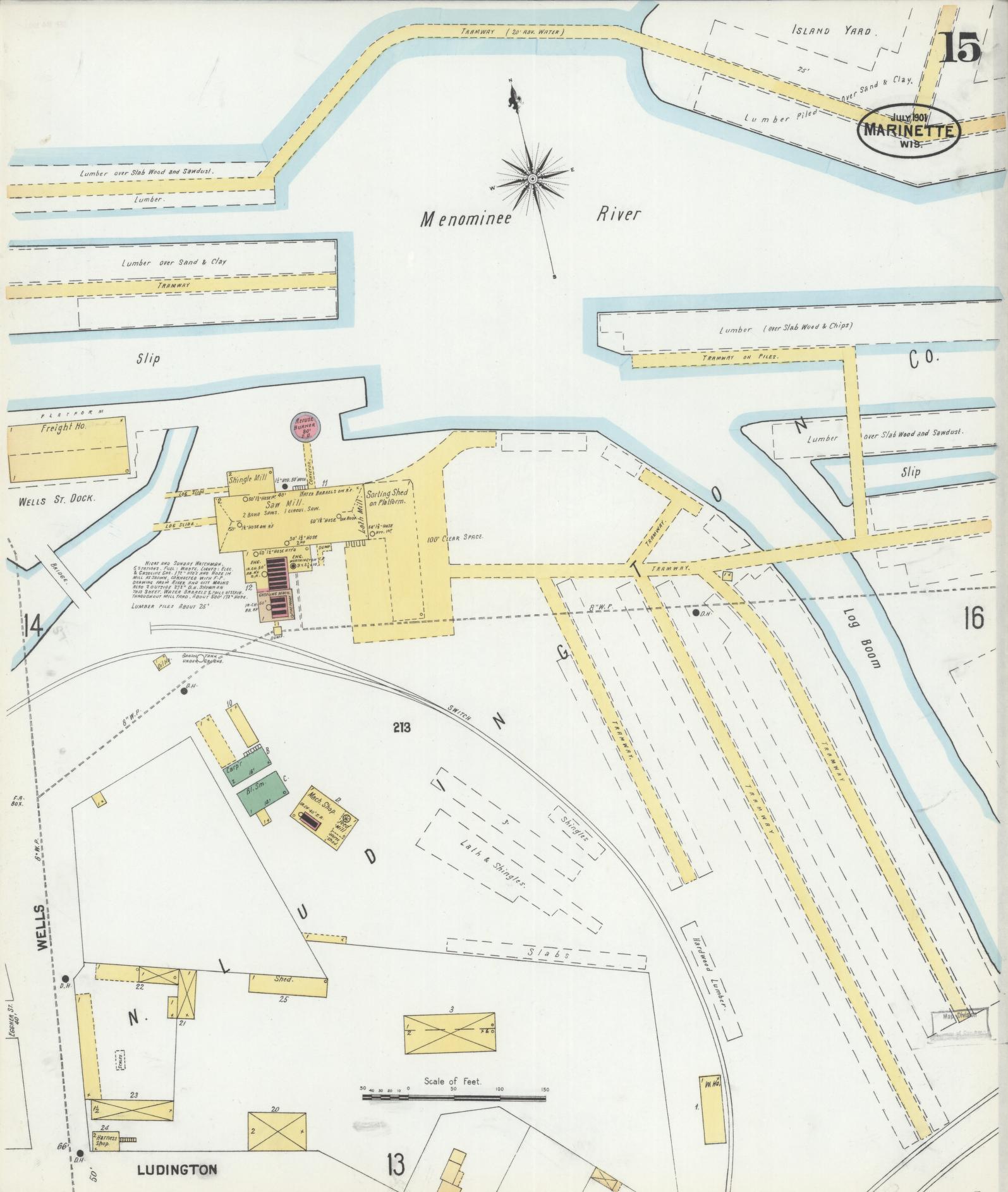 Sanborn Fire Insurance Map from Marinette, Marinette County, Wisconsin (1901), Sheet #0015 - Historic Sanborn Fire Insurance Map Print, vintage old map wall art, antique decor, genealogy gift, Wisconsin Wisconsin map