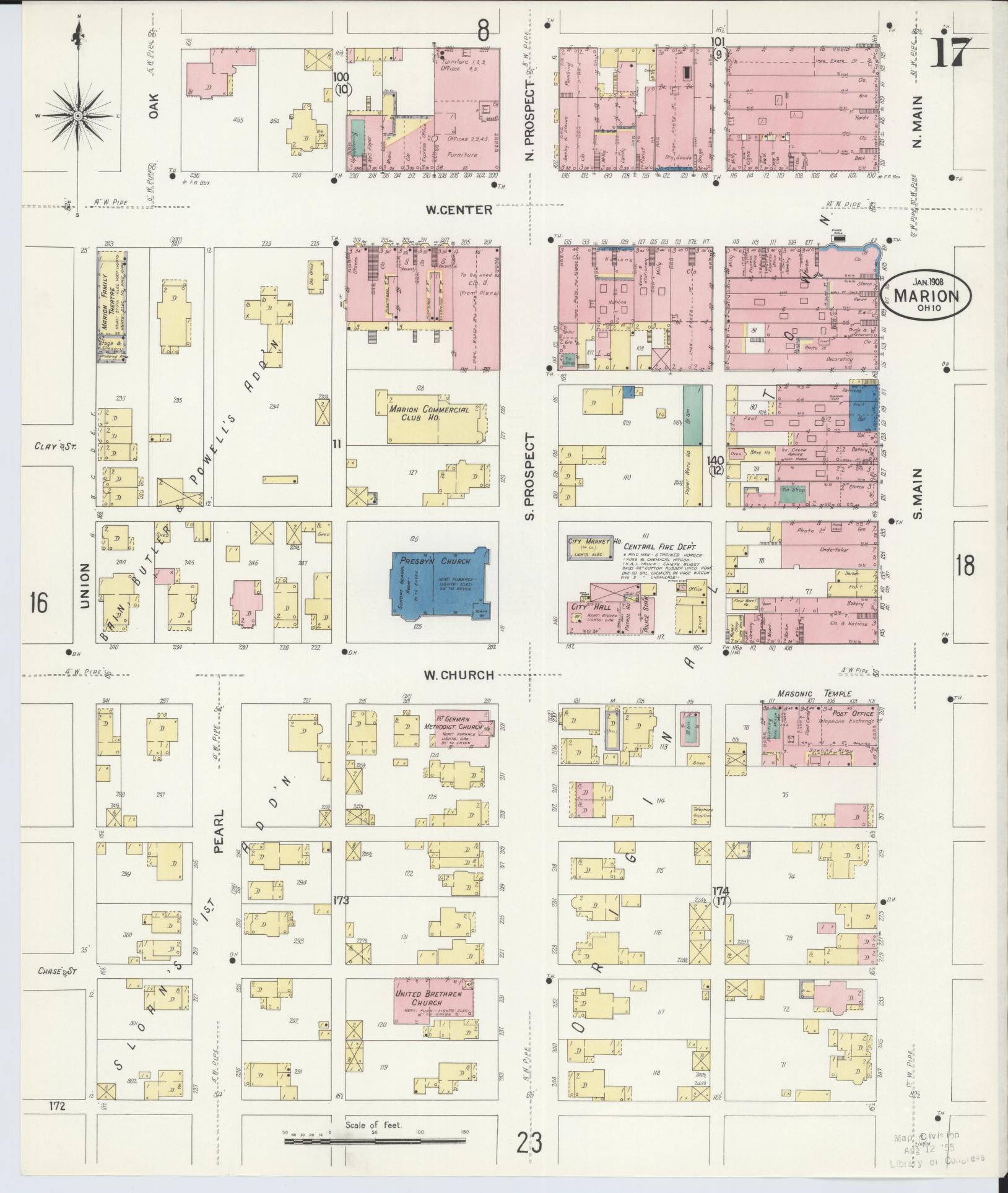 Sanborn Fire Insurance Map from Marion, Marion County, Ohio (1908), Sheet #0017 - Complete Map Set gallery image, historic Sanborn map, vintage wall art, Ohio Ohio