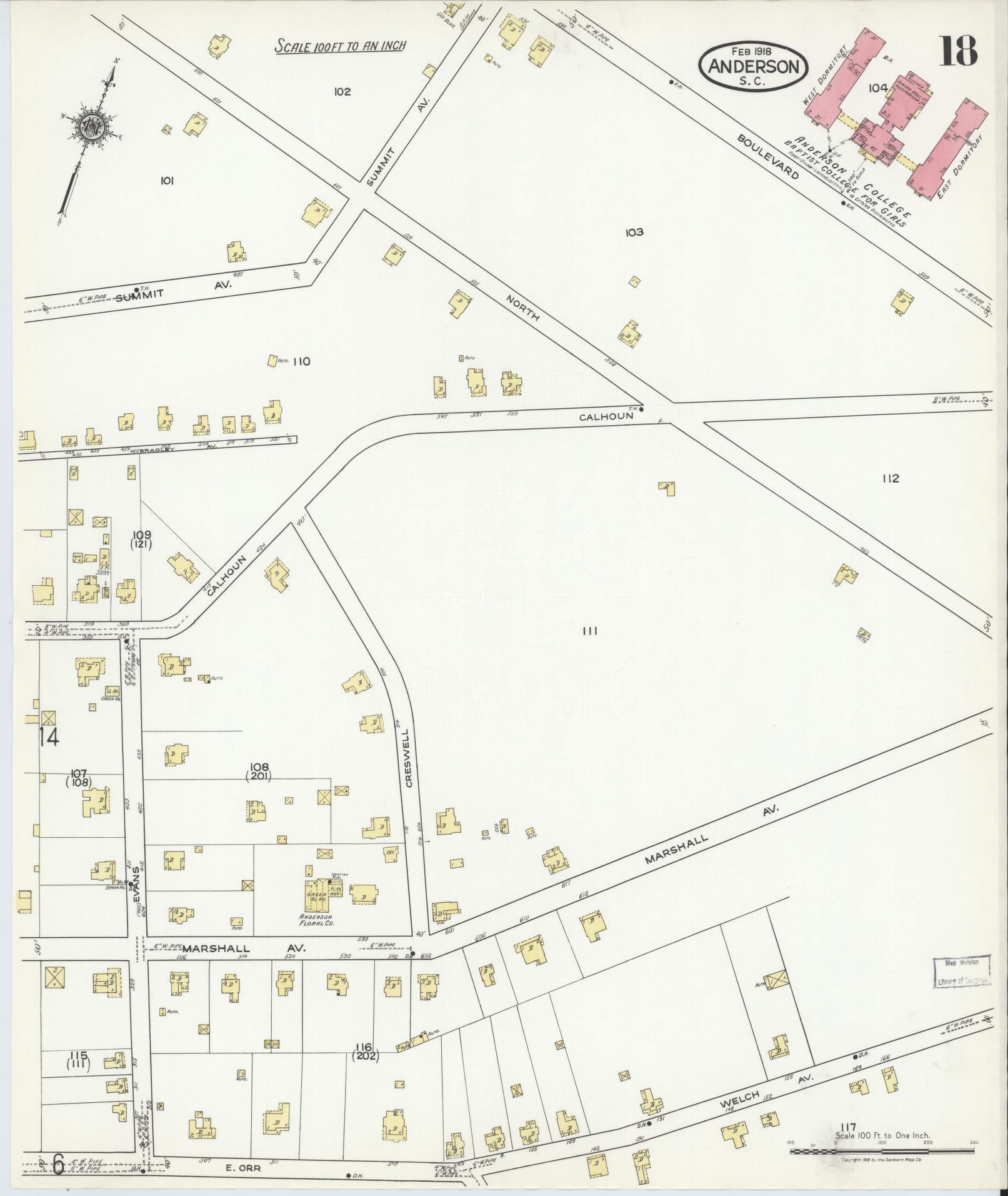 Sanborn Fire Insurance Map from Anderson, Anderson County, South Carolina (1918), Sheet #0018 - Complete Map Set gallery image, historic Sanborn map, vintage wall art, South Carolina South Carolina