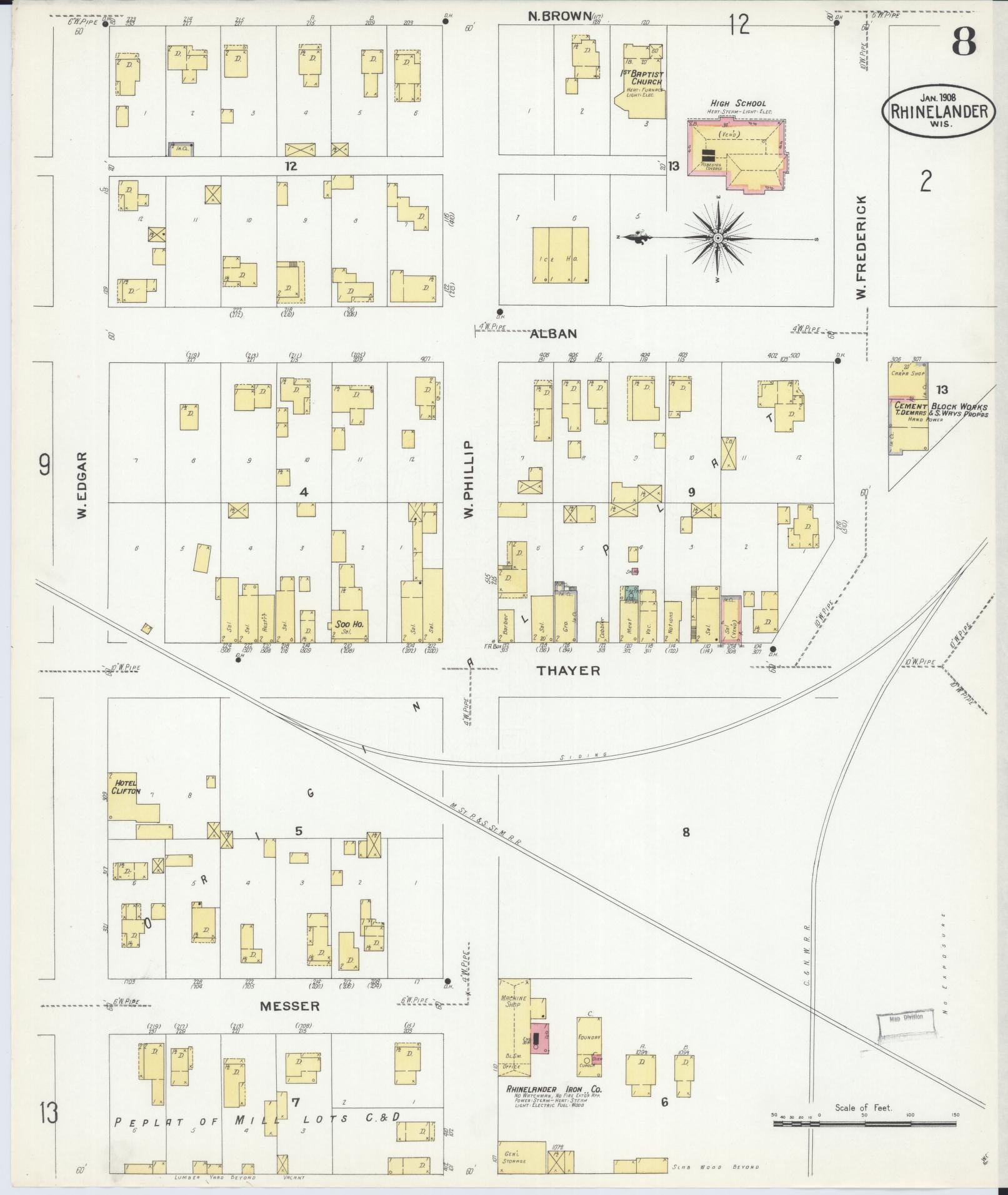 Sanborn Fire Insurance Map from Rhinelander, Oneida County, Wisconsin (1908), Sheet #0008 - Complete Map Set gallery image, historic Sanborn map, vintage wall art, Wisconsin Wisconsin