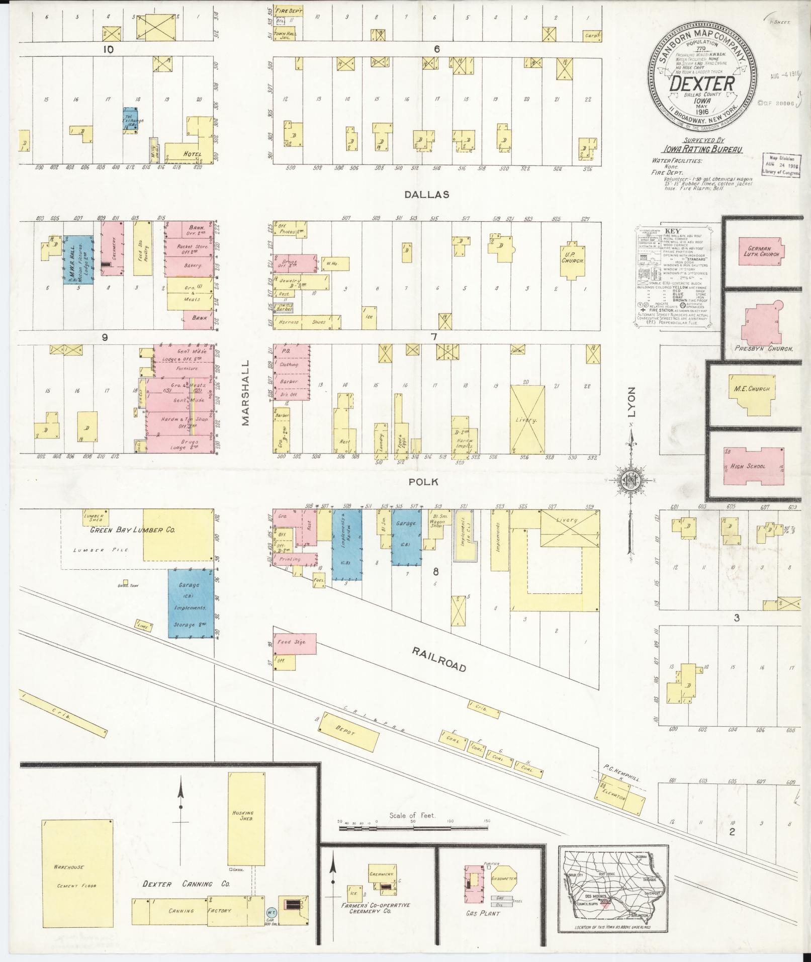 Sanborn Fire Insurance Map from Dexter, Dallas County, Iowa (1916), Sheet #0001 - Historic Sanborn Fire Insurance Map Print, vintage old map wall art