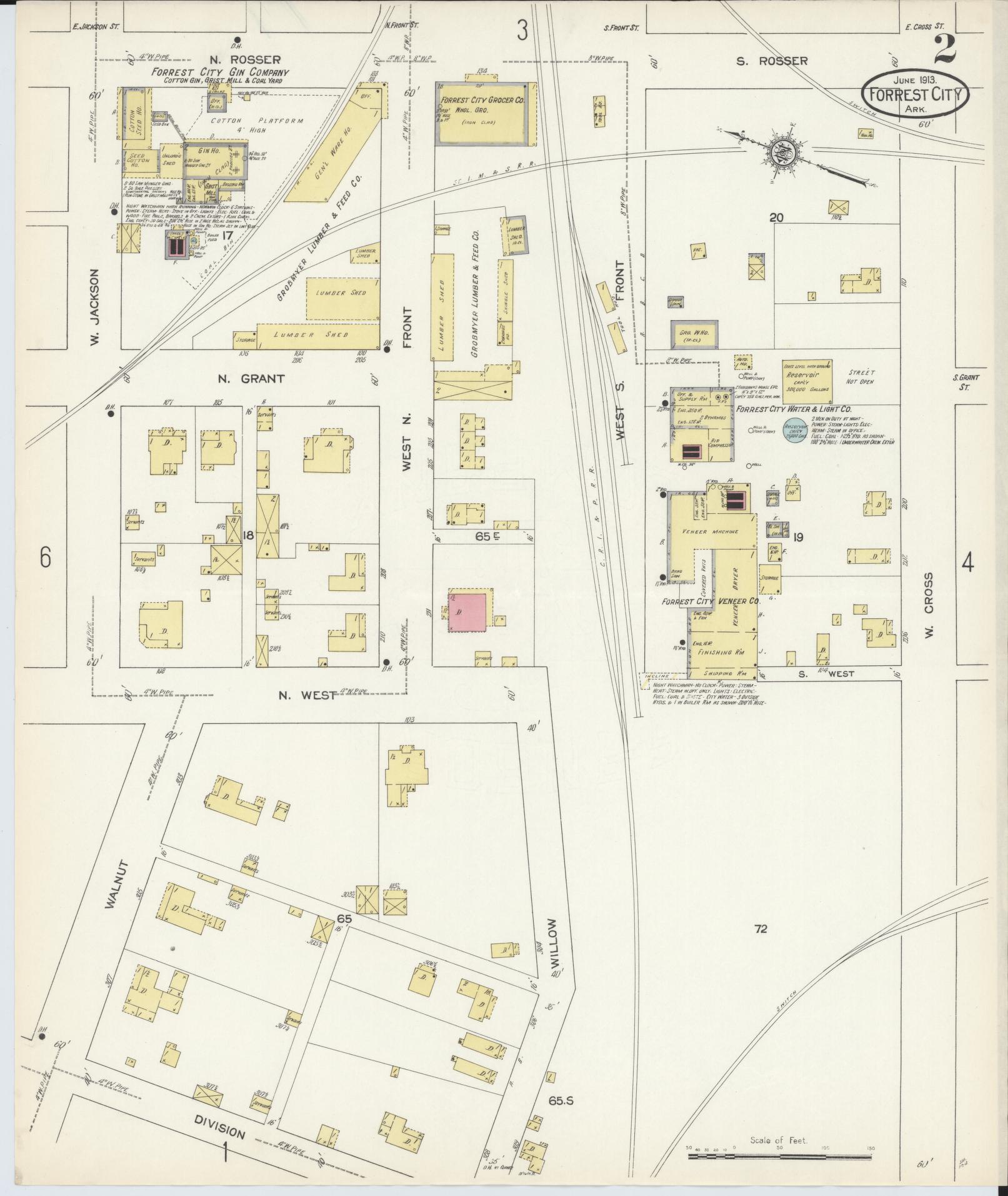 Sanborn Fire Insurance Map from Forrest City, Saint Francis County, Arkansas (1913), Sheet #0002 - Historic Sanborn Fire Insurance Map Print, vintage old map wall art, antique decor, genealogy gift, Arkansas Arkansas map
