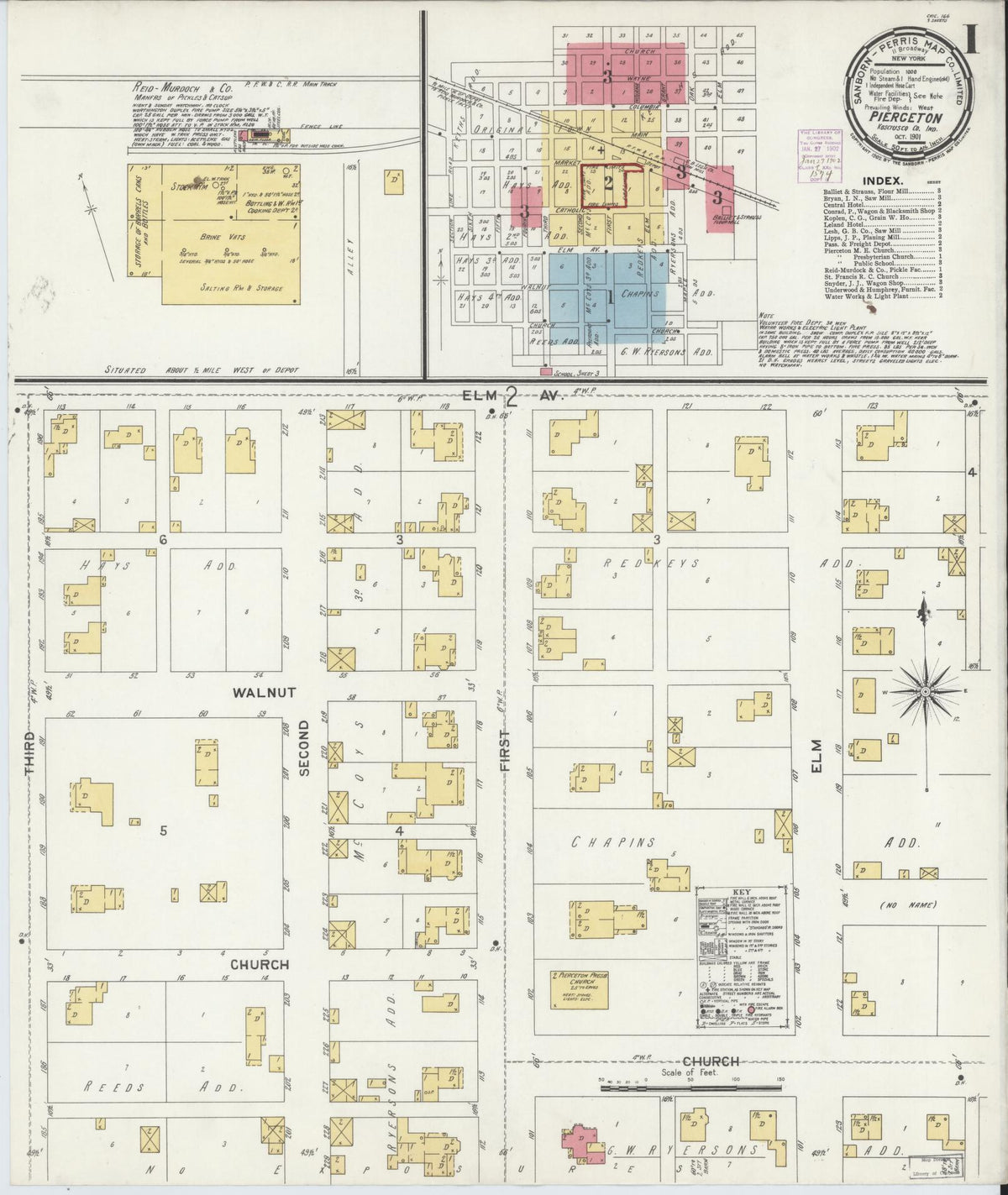 Sanborn Fire Insurance Map from Pierceton, Kosciusko County, Indiana (1901), Sheet #0001 - Historic Sanborn Fire Insurance Map Print, vintage old map wall art, antique decor, genealogy gift, Indiana Indiana map