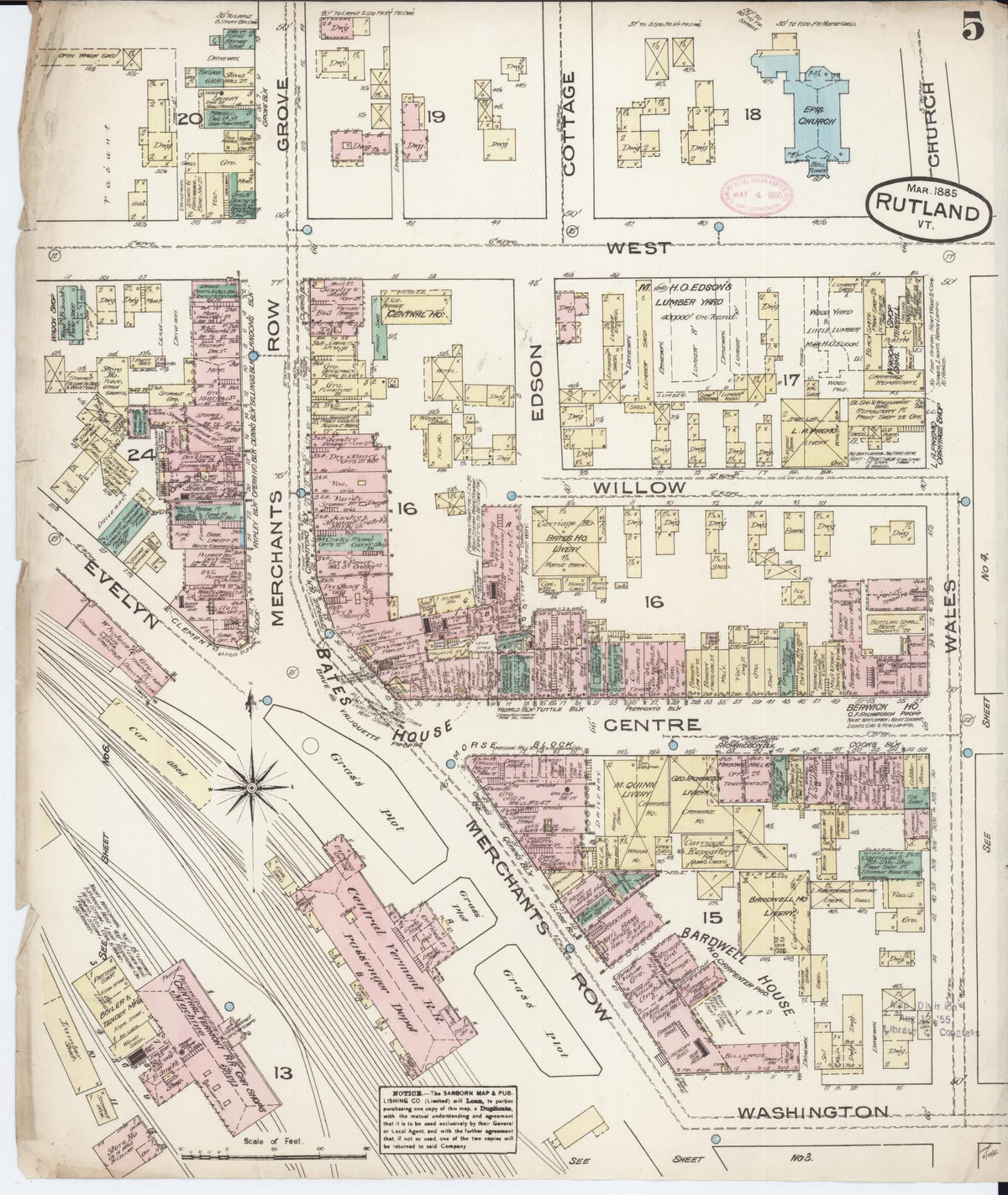 Sanborn Fire Insurance Map from Rutland, Rutland County, Vermont (1885), Sheet #0005 - Historic Sanborn Fire Insurance Map Print, vintage old map wall art, antique decor, genealogy gift, Vermont Vermont map