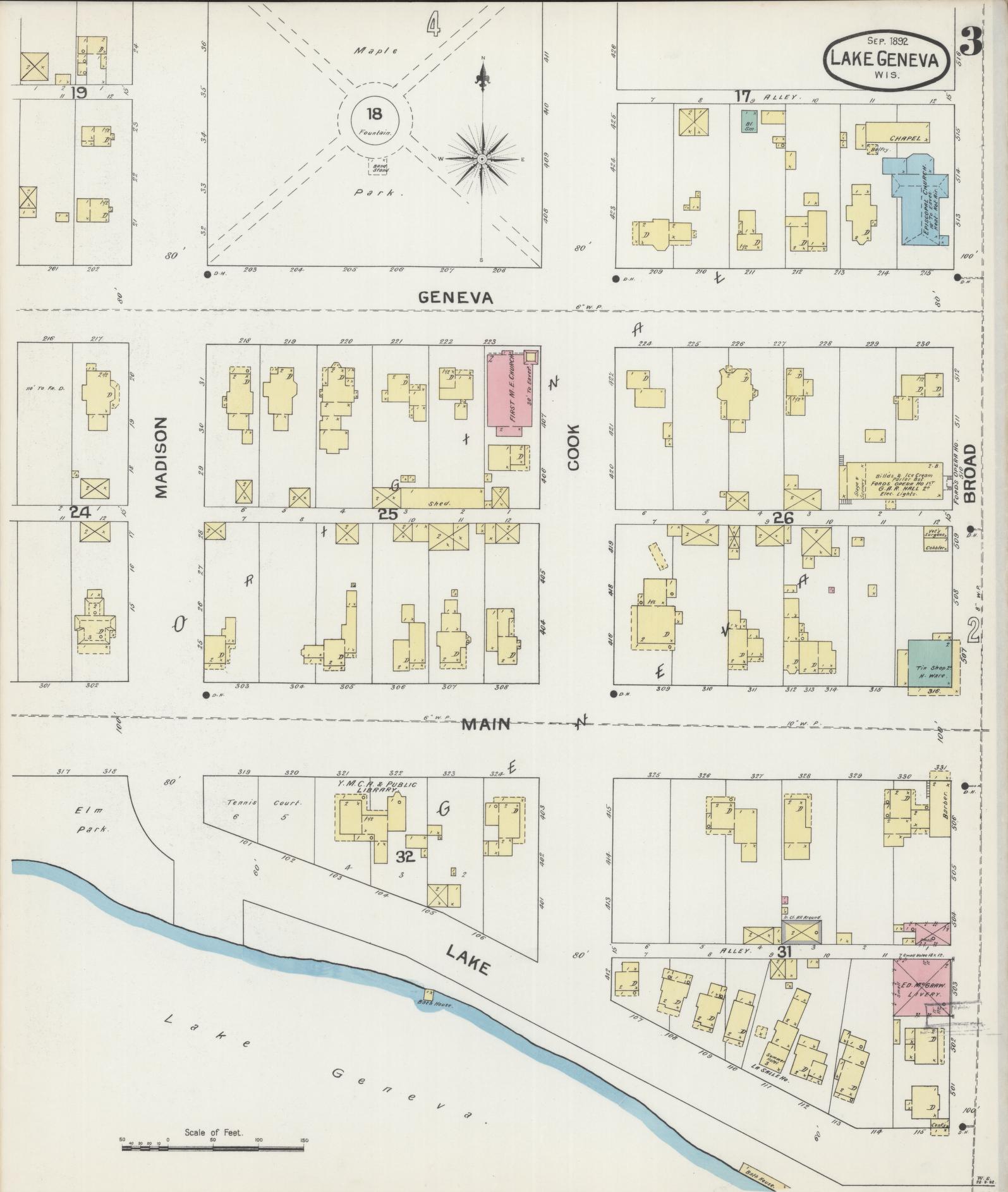 Sanborn Fire Insurance Map from Lake Geneva, Walworth County, Wisconsin (1892), Sheet #0003 - Historic Sanborn Fire Insurance Map Print, vintage old map wall art, antique decor, genealogy gift, Wisconsin Wisconsin map