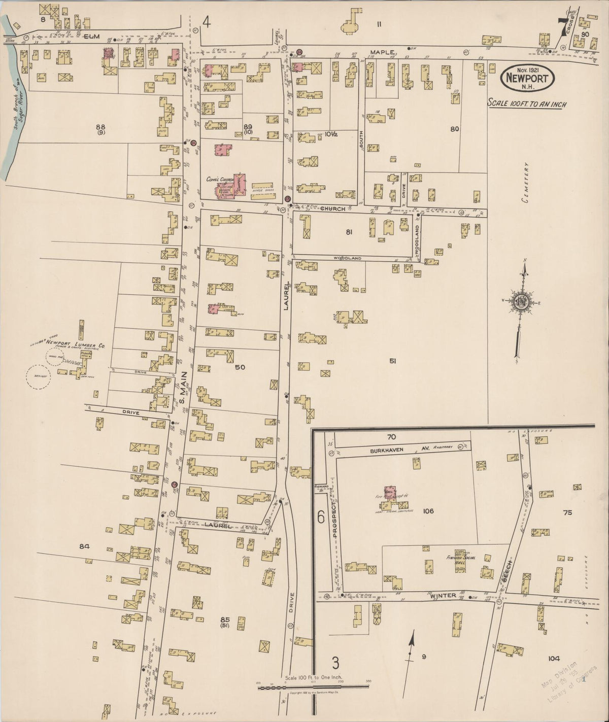 Sanborn Fire Insurance Map from Newport, Sullivan County, New Hampshire (1921), Sheet #0007 - Complete Map Set gallery image, historic Sanborn map, vintage wall art, New Hampshire New Hampshire