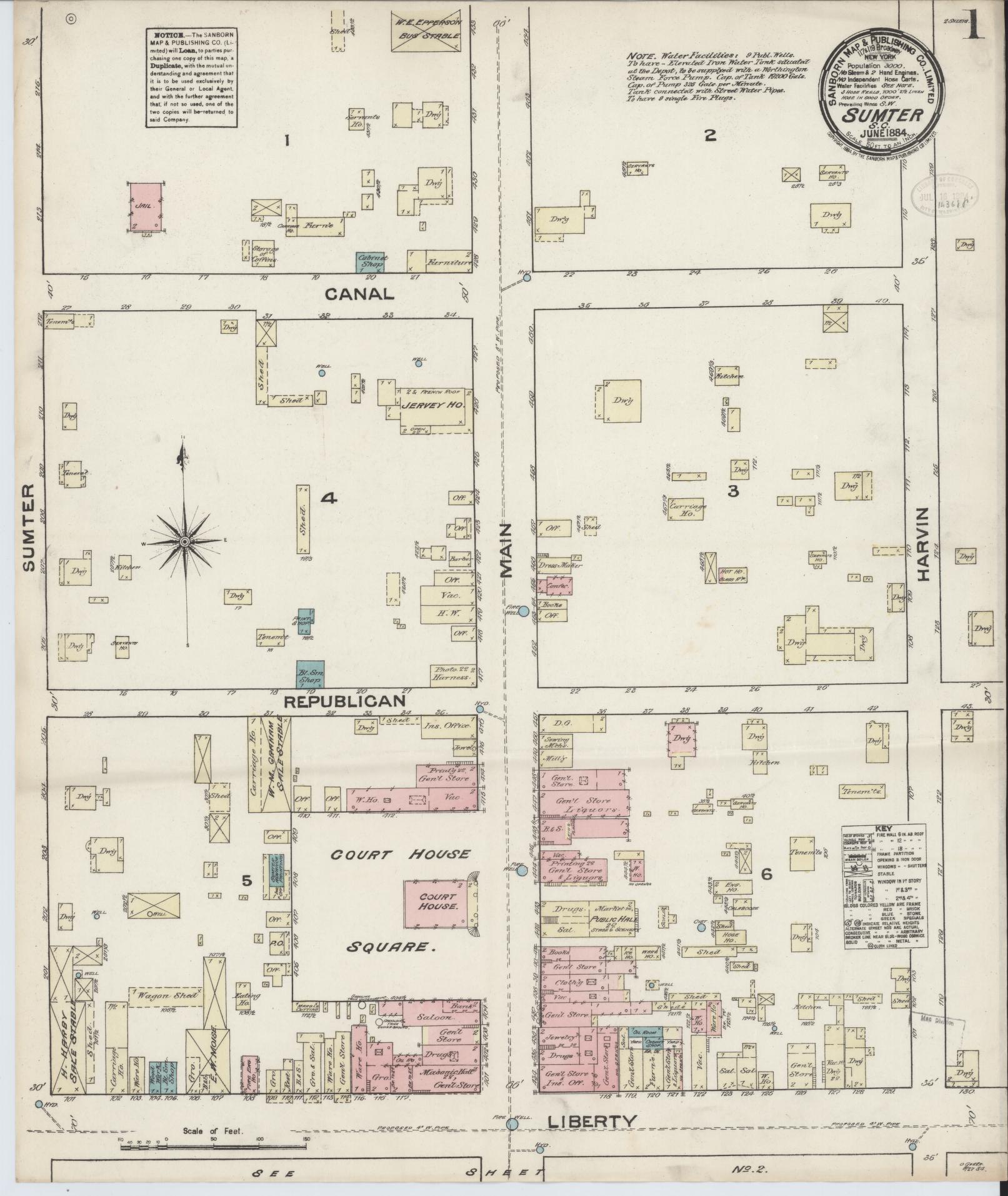 Sanborn Fire Insurance Map from Sumter, Sumter County, South Carolina (1884), Sheet #0001 - Historic Sanborn Fire Insurance Map Print, vintage old map wall art, antique decor, genealogy gift, South Carolina South Carolina map