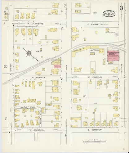 Sanborn Fire Insurance Map from Salisbury, Rowan County, North Carolina (1913), Sheet #0003 - Complete Map Set gallery image, historic Sanborn map, vintage wall art, North Carolina North Carolina