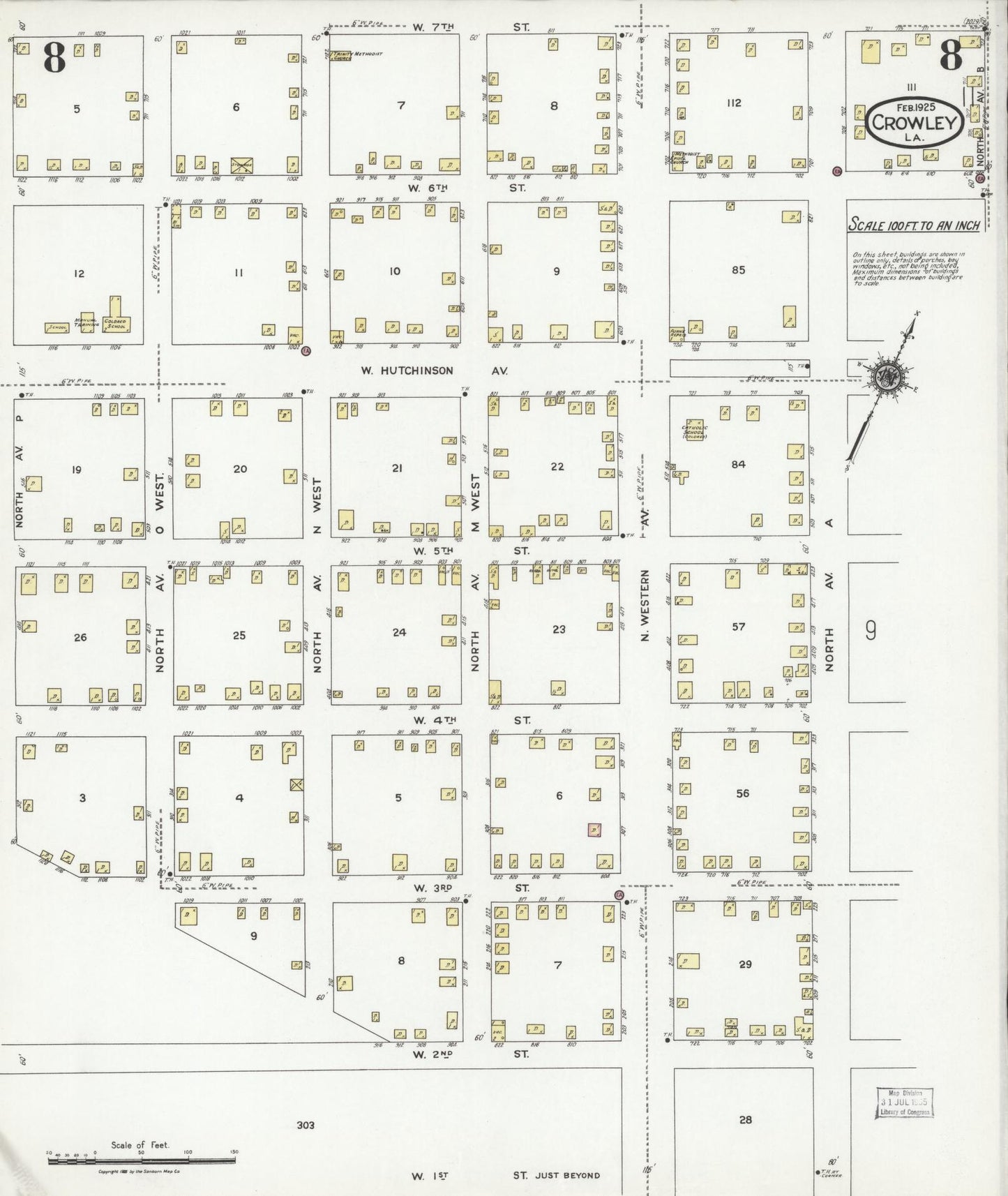 Sanborn Fire Insurance Map from Crowley, Acadia Parish, Louisiana (1925), Sheet #0008 - Complete Map Set gallery image, historic Sanborn map, vintage wall art, Louisiana Louisiana
