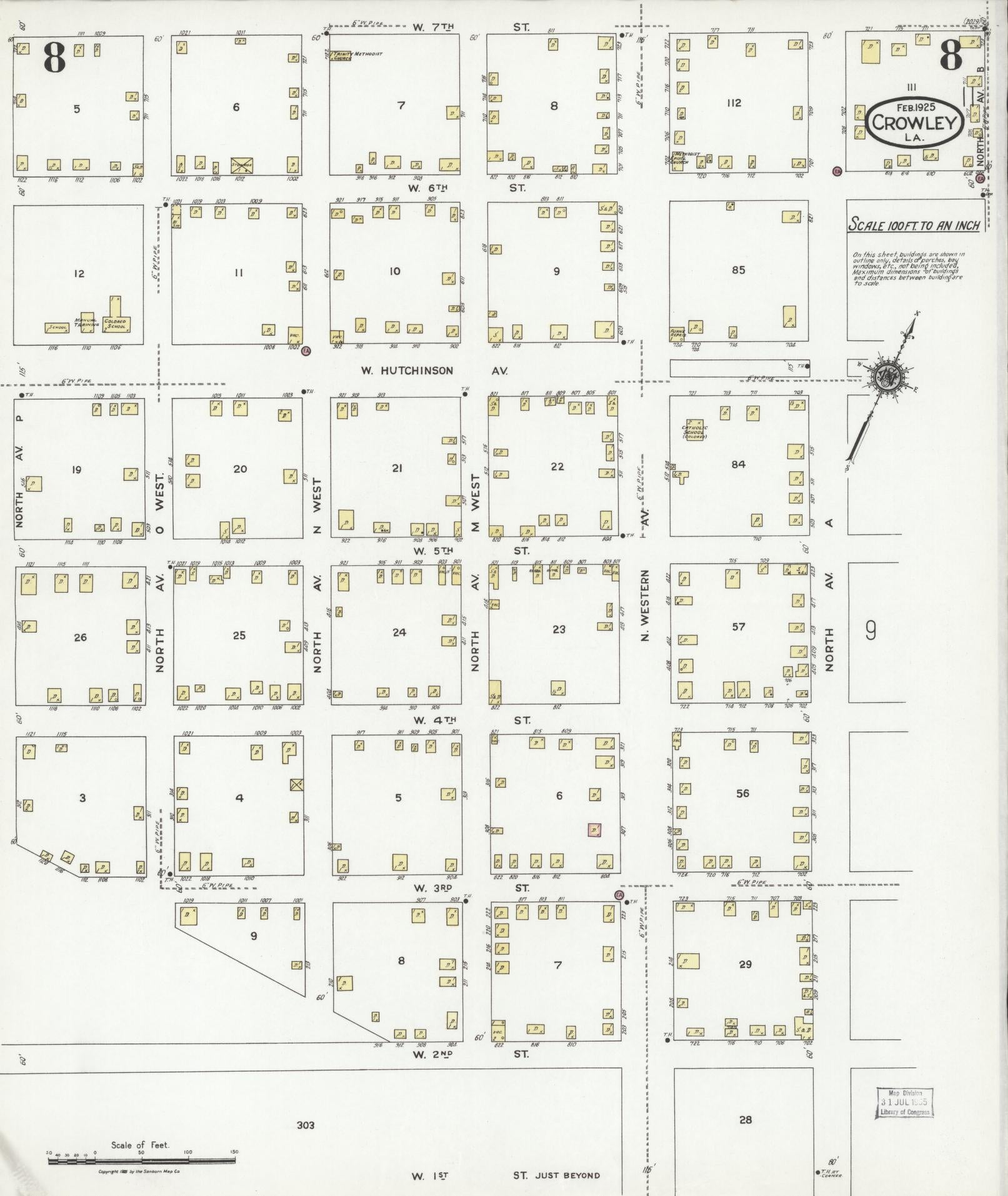Sanborn Fire Insurance Map from Crowley, Acadia Parish, Louisiana (1925), Sheet #0008 - Complete Map Set gallery image, historic Sanborn map, vintage wall art, Louisiana Louisiana