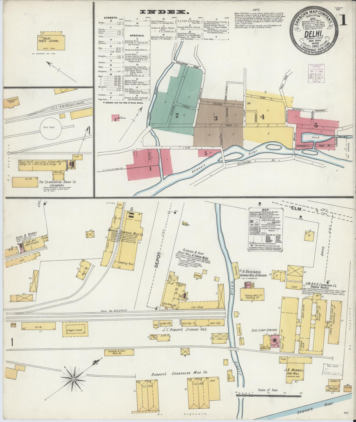 Sanborn Fire Insurance Map from Delhi, Delaware County, New York (1903), Sheet #0001 - Historic Sanborn Fire Insurance Map Print, vintage old map wall art, antique decor, genealogy gift, Delhi Delaware map