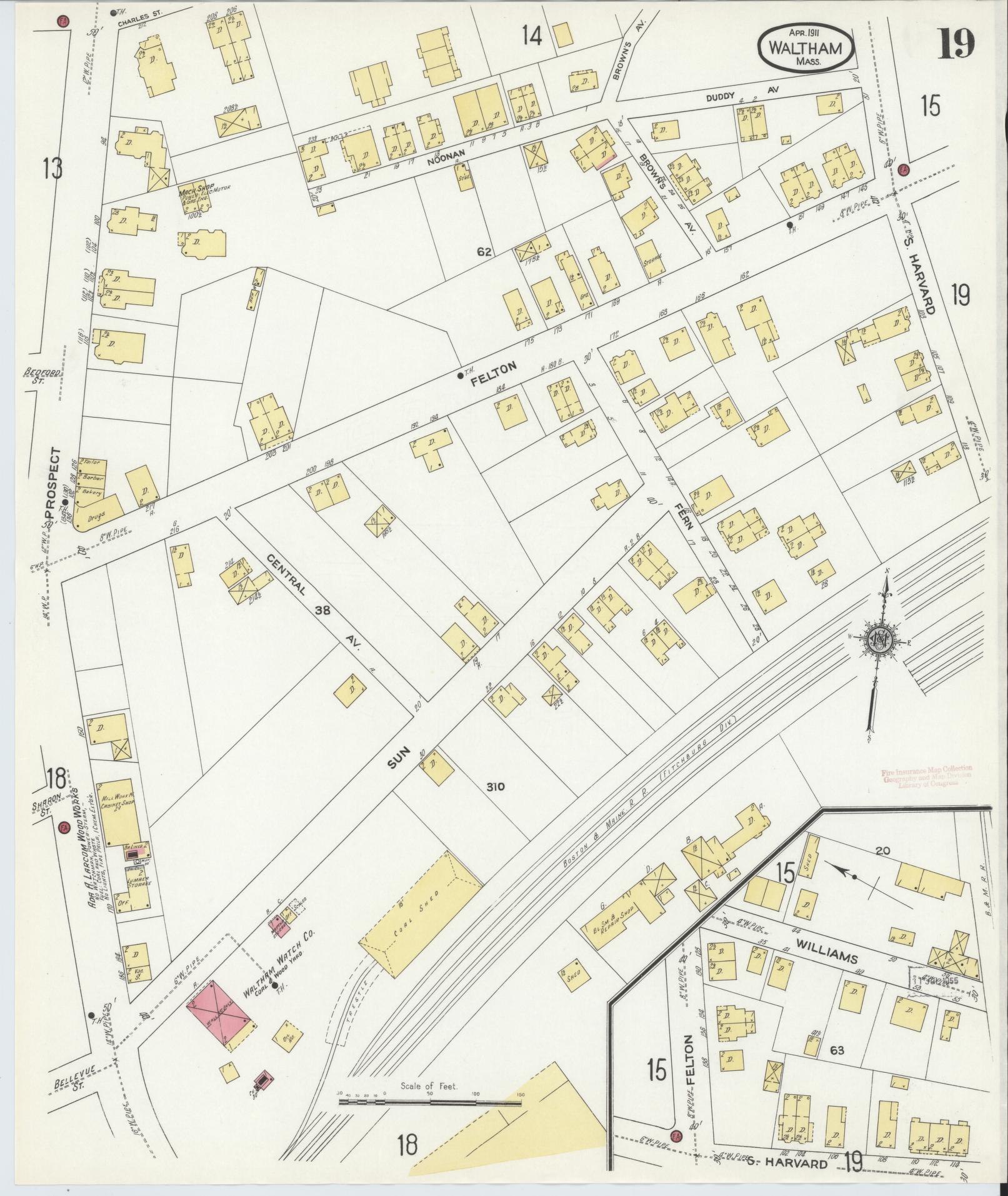 Sanborn Fire Insurance Map from Waltham, Middlesex County, Massachusetts (1911), Sheet #0019 - Complete Map Set gallery image, historic Sanborn map, vintage wall art, Massachusetts Massachusetts