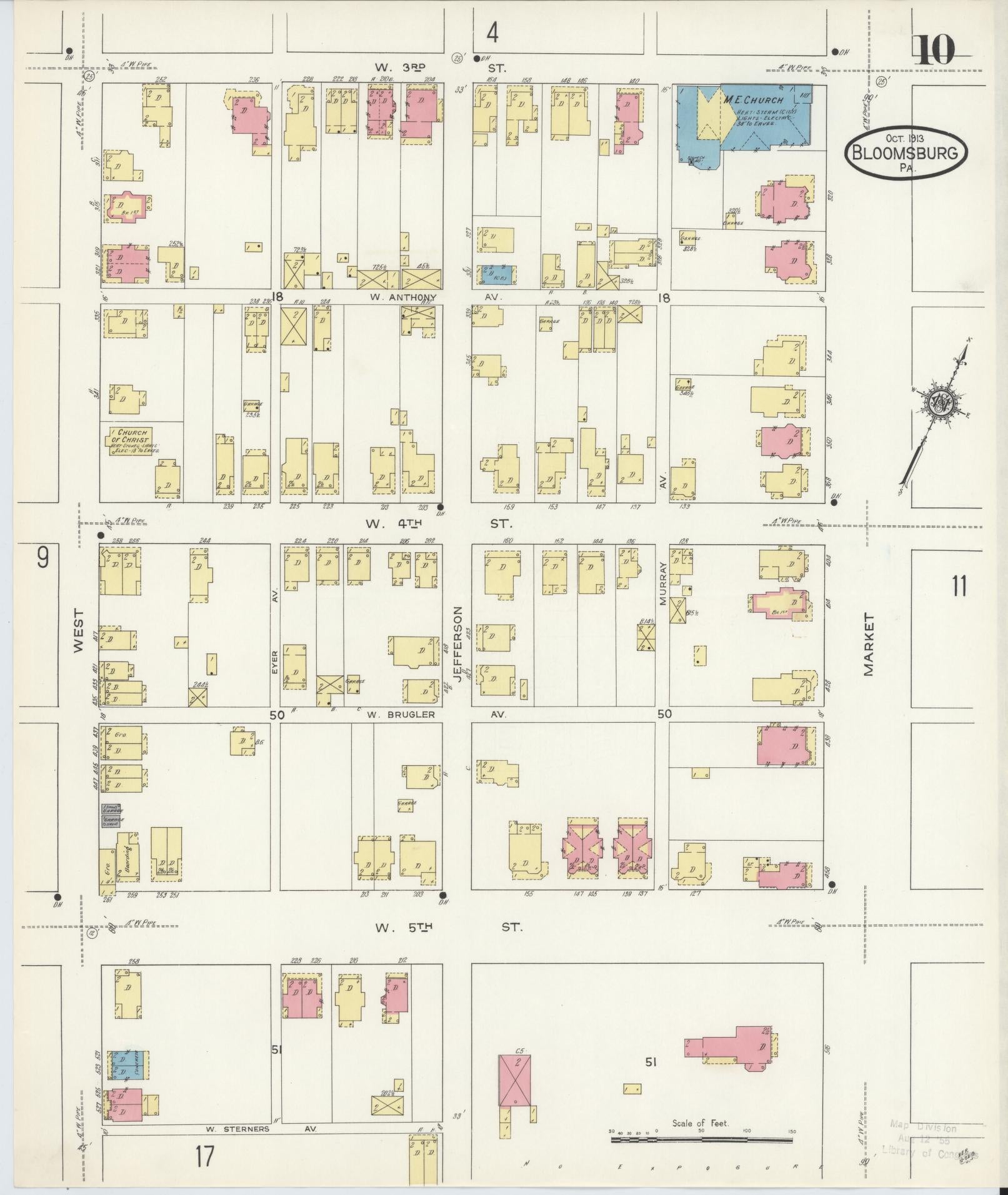 Sanborn Fire Insurance Map from Bloomsburg, Columbia County, Pennsylvania (1913), Sheet #0010 - Historic Sanborn Fire Insurance Map Print, vintage old map wall art, antique decor, genealogy gift, Pennsylvania Pennsylvania map