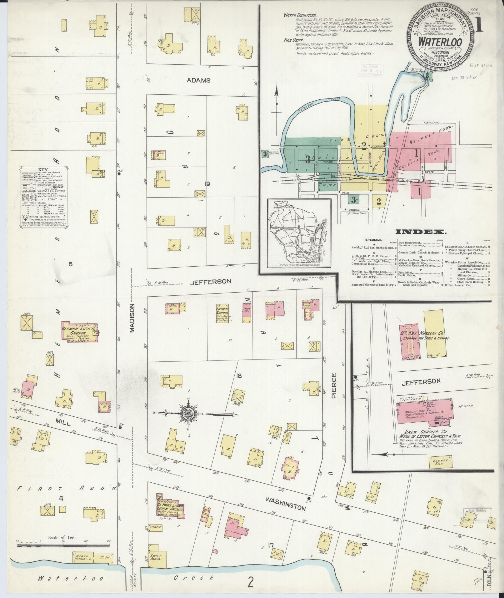 Sanborn Fire Insurance Map from Waterloo, Jefferson County, Wisconsin (1912), Sheet #0001 - Historic Sanborn Fire Insurance Map Print, vintage old map wall art, antique decor, genealogy gift, Wisconsin Wisconsin map